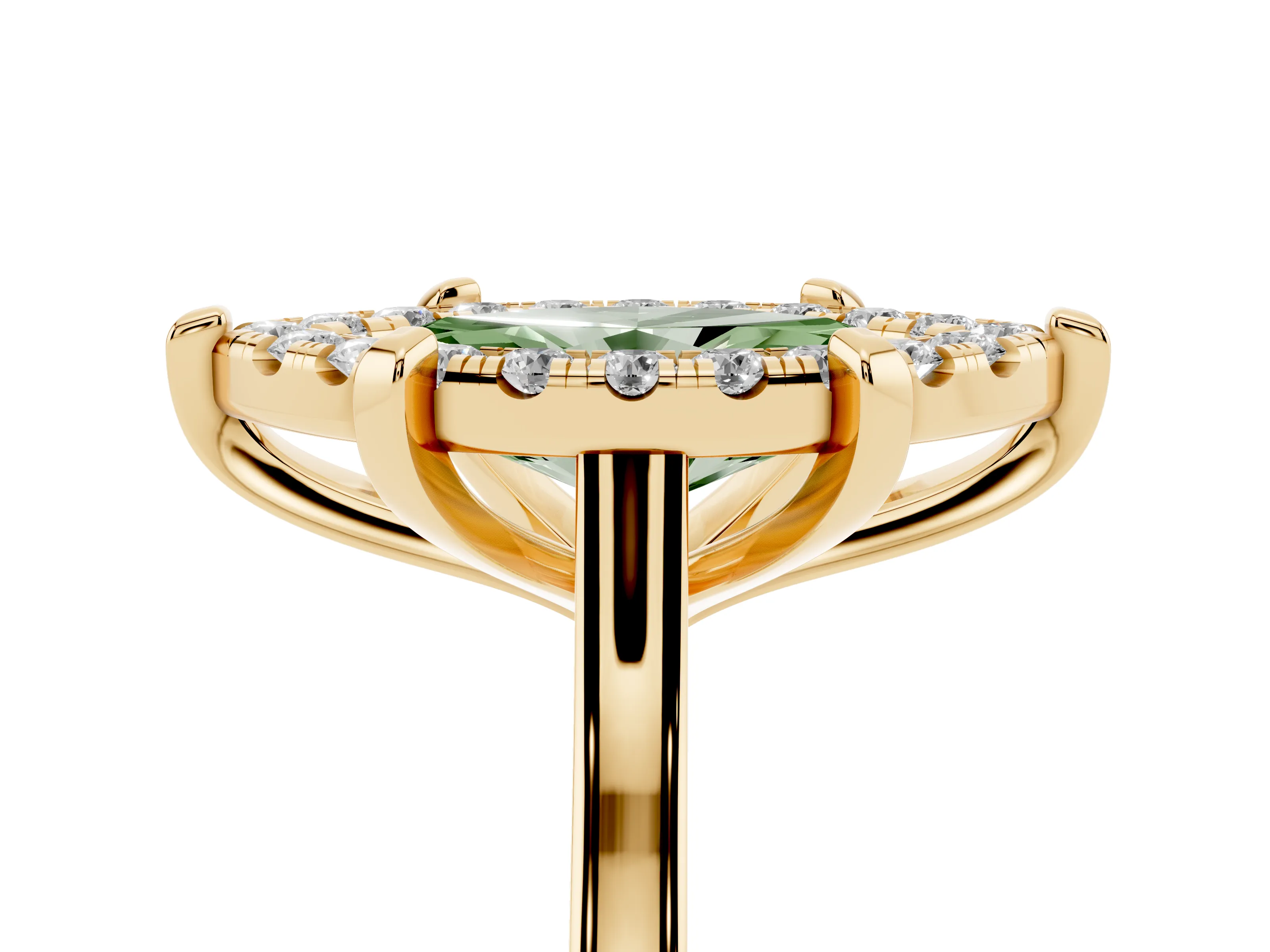 Fancy Green Marquise Cut Diamond Cluster Halo Solitaire Ring Set in Yellow gold with Prong Setting