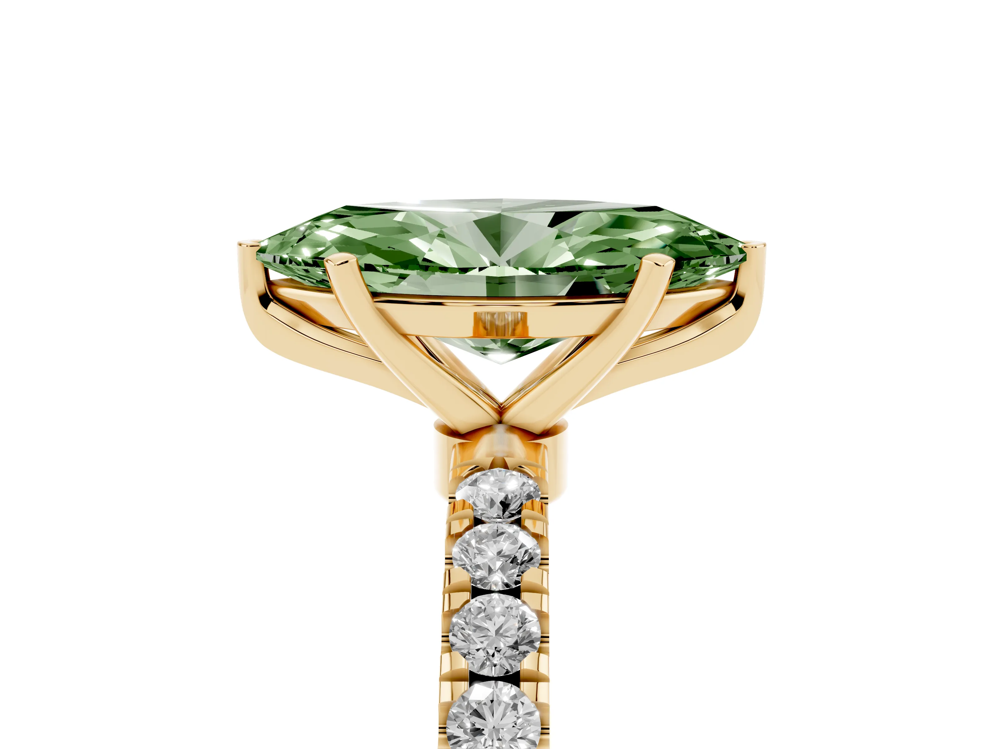 Fancy Green Marquise Cut Diamond Solitaire Ring Set in Yellow gold with Pavé Accents and Prong Setting