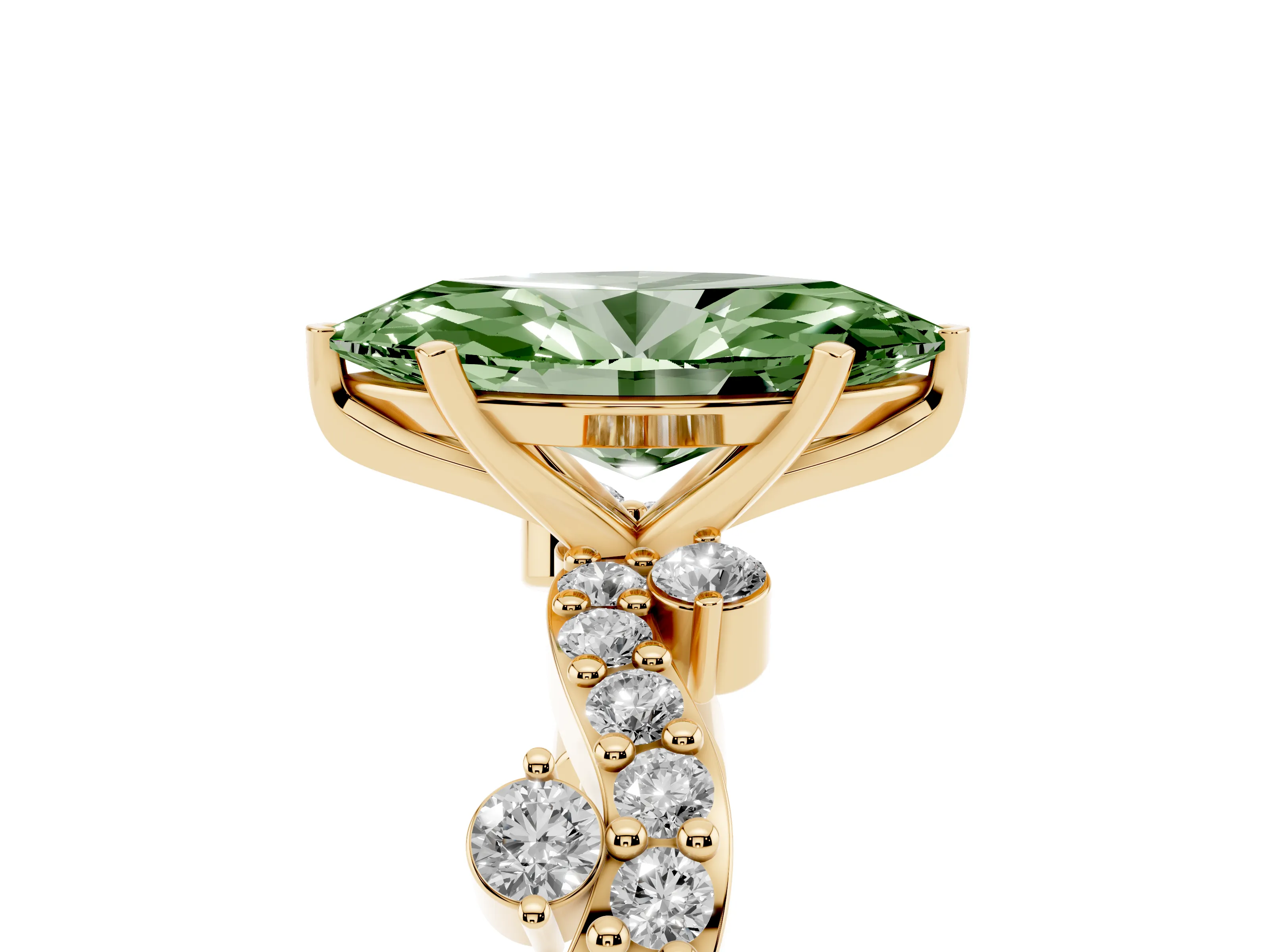 Fancy Green Marquise Cut Diamond Solitaire Twisted Band Set in Yellow gold with Pavé Setting