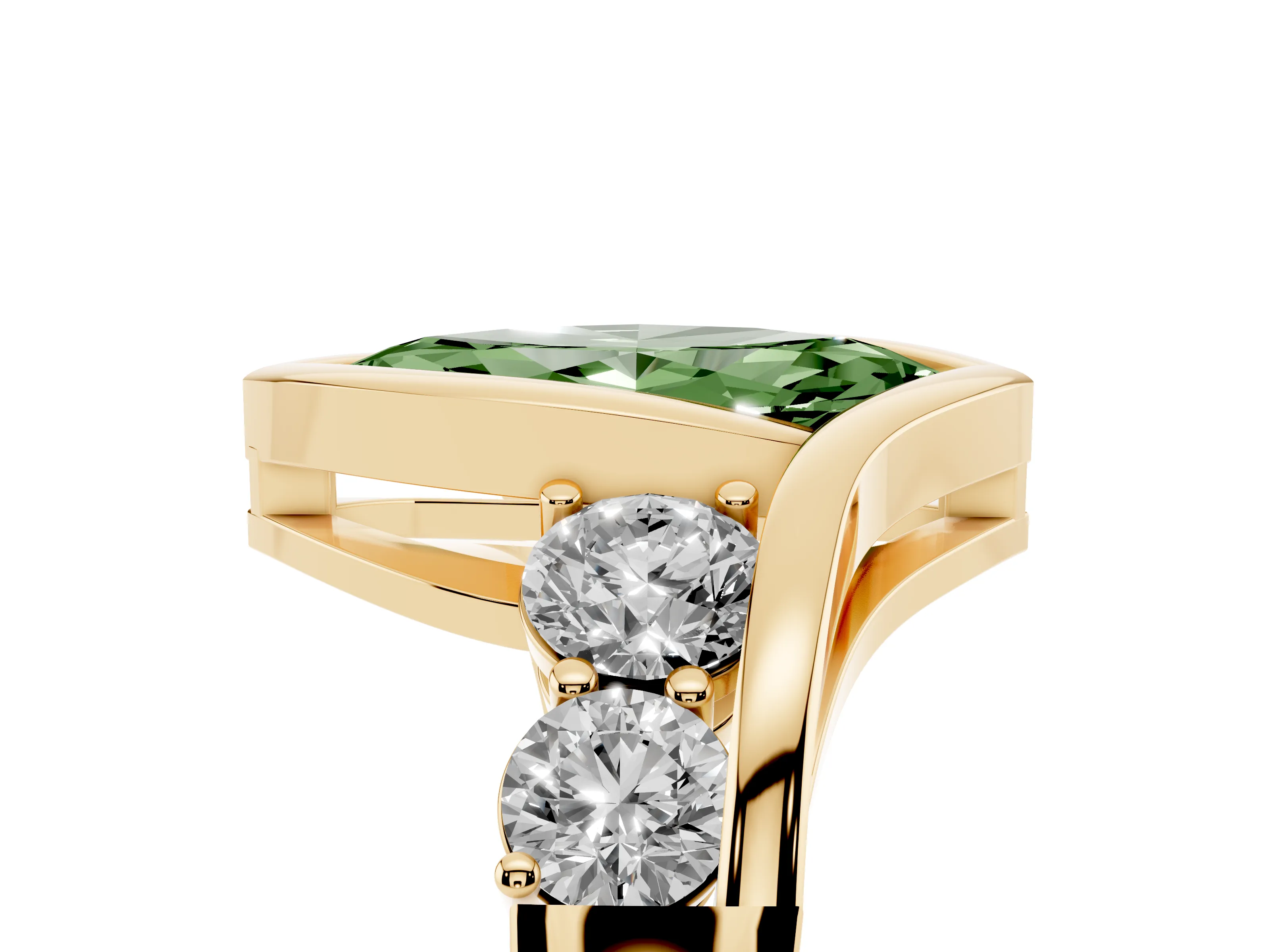 Fancy Green Marquise Cut Diamond Bezel Bypass Ring Set in Yellow gold with Round Accents