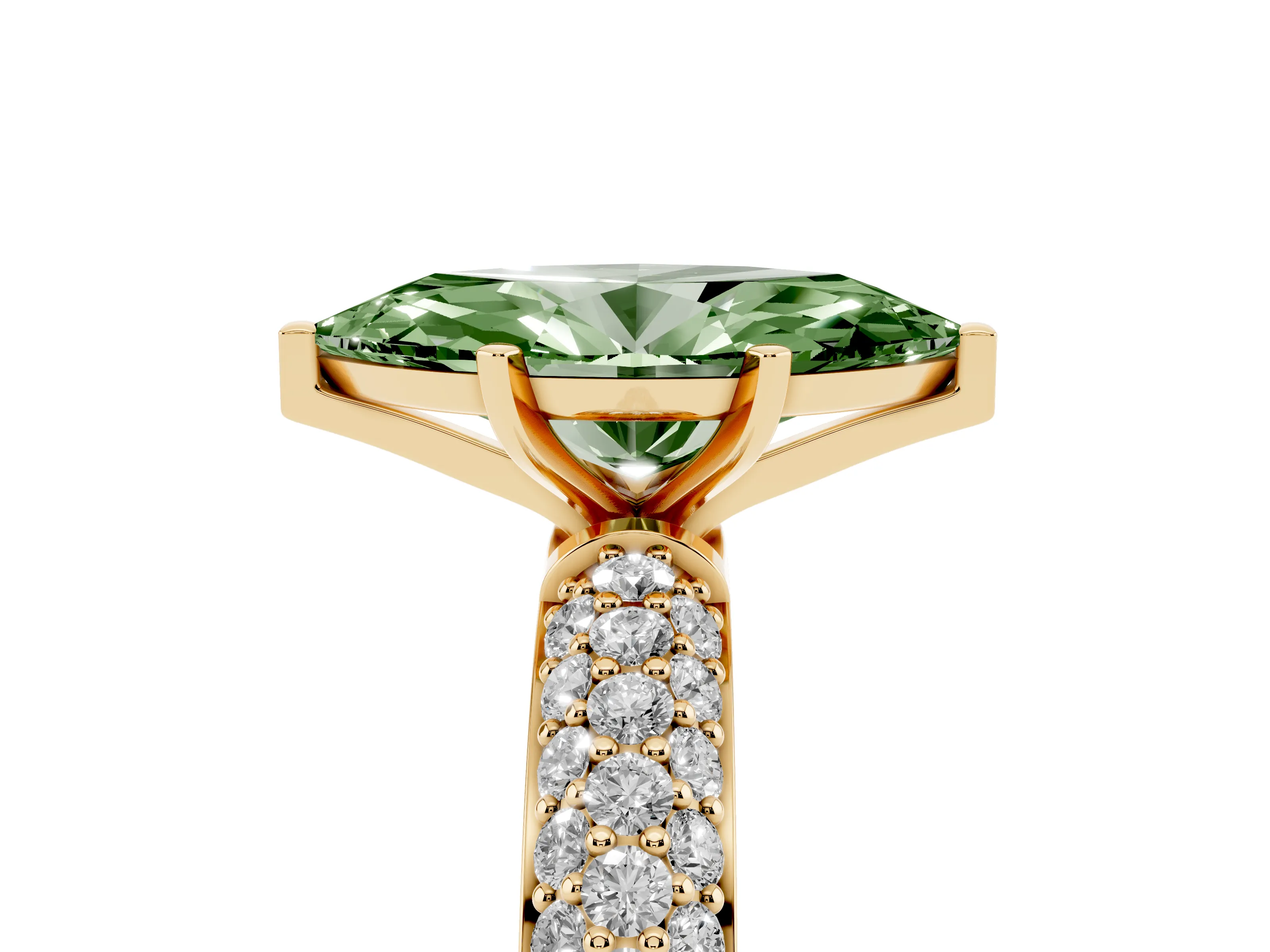 Fancy Green Marquise Cut Diamond Solitaire Ring Set in Yellow gold with Prong Setting and Pavé-Set Band