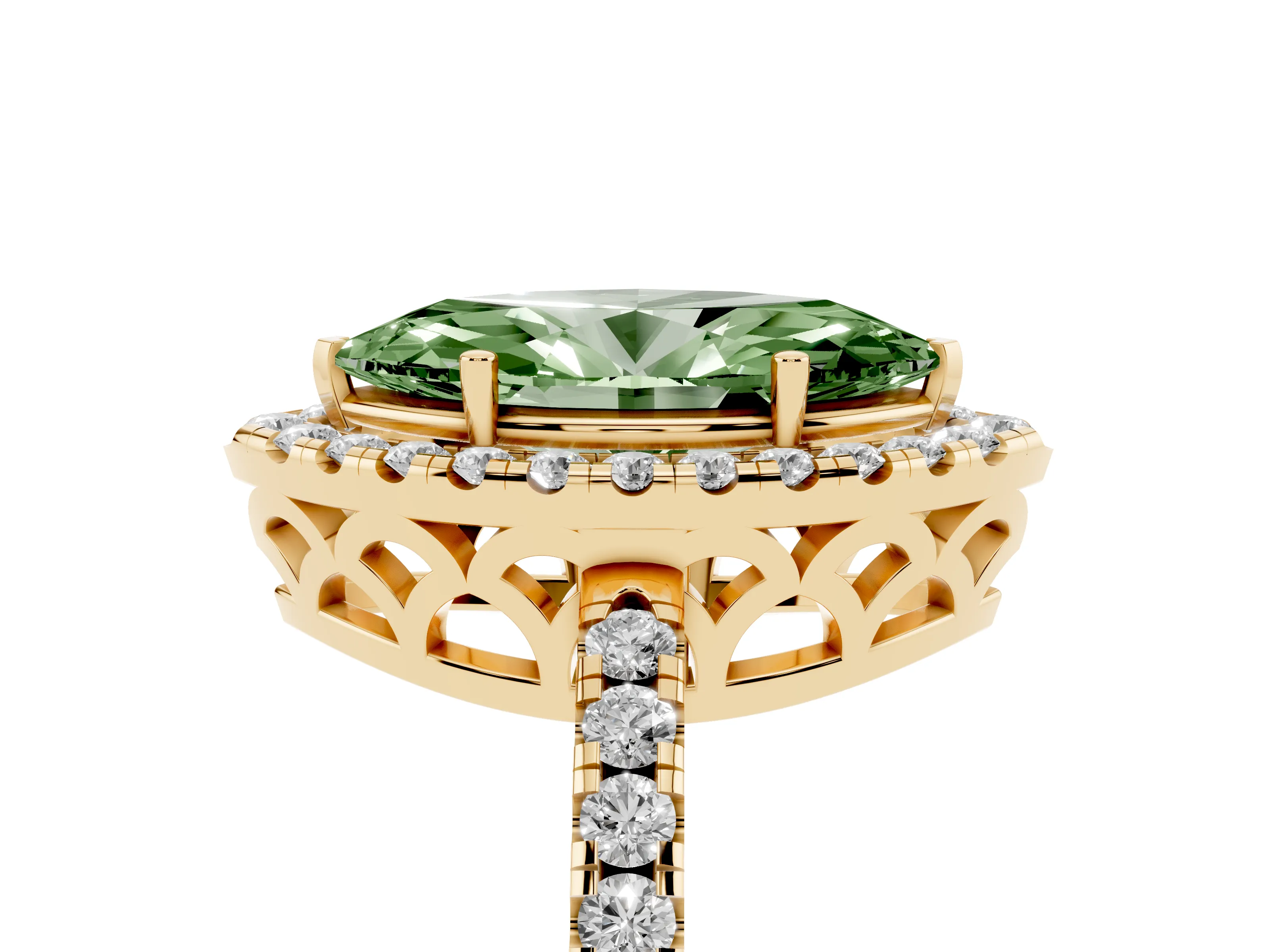Fancy Green Marquise Cut Diamond Pavé Band Halo Engagement Ring Set in Yellow gold with Prong Setting