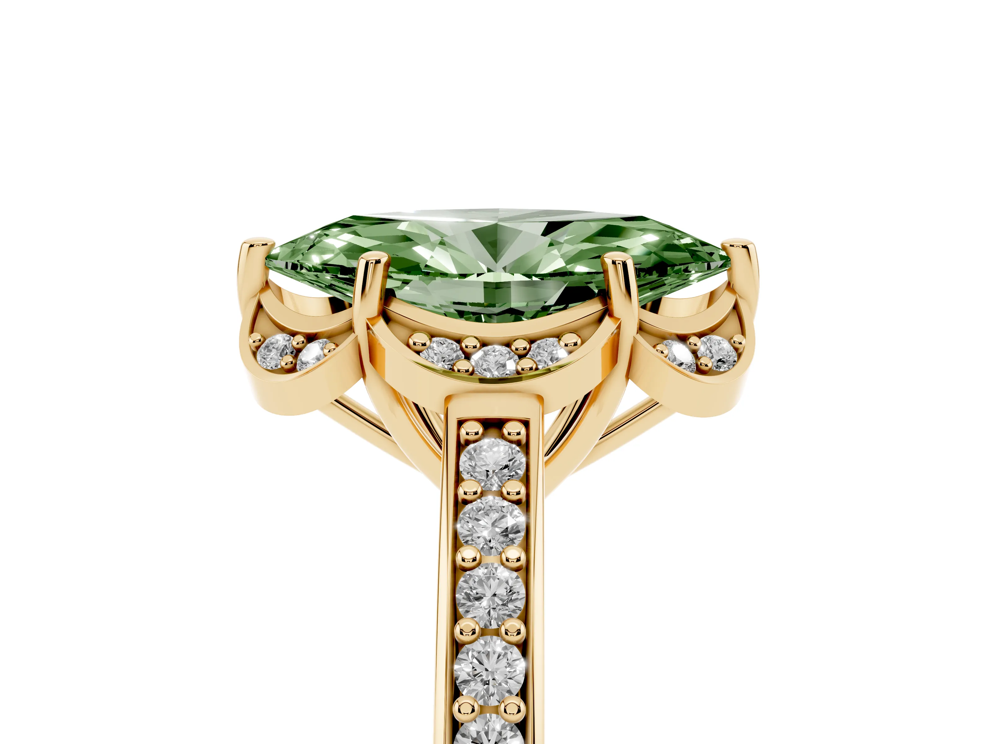 Fancy Green Marquise Cut Diamond Halo Ring Set in Yellow gold with Channel Set Band and Prong Setting