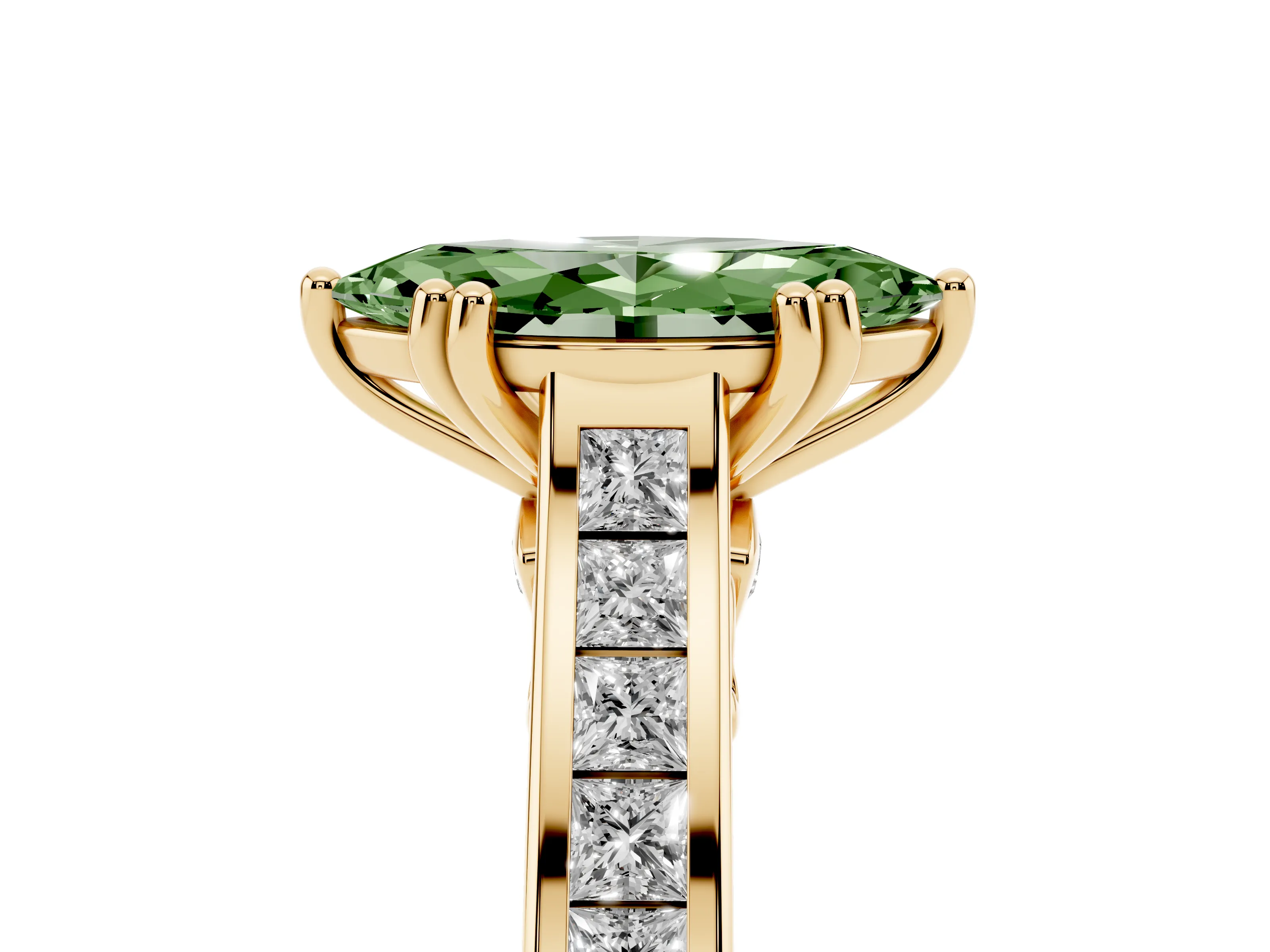 Fancy Green Marquise Cut Diamond Channel Set Solitaire Engagement Ring Set in Yellow gold with Prong Setting