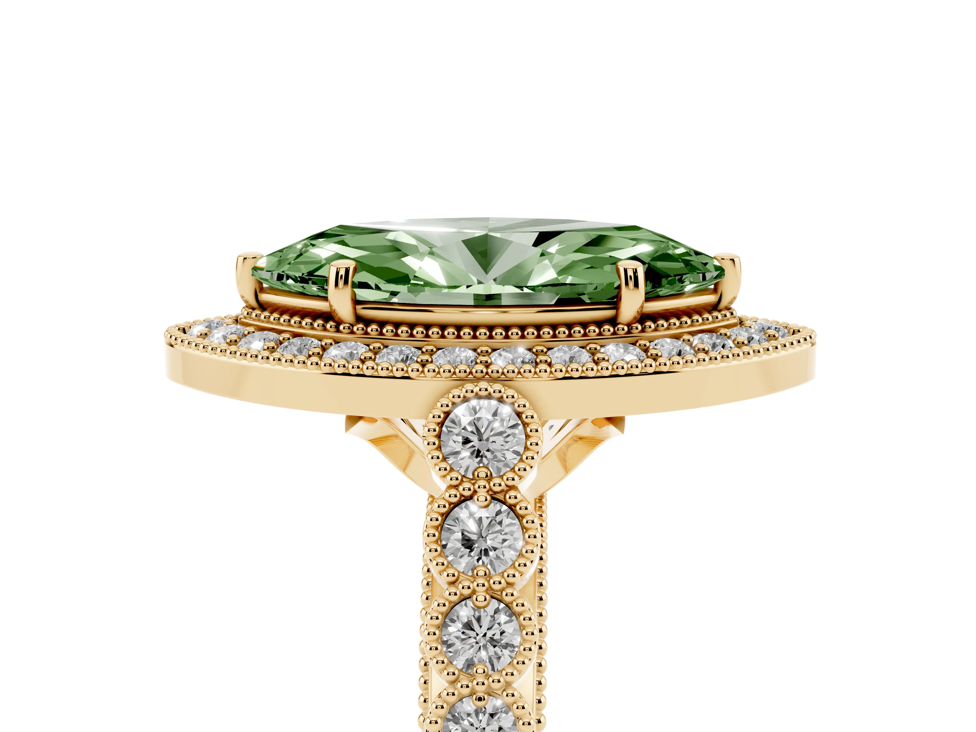 Fancy Green Marquise Cut Diamond Milgrain Halo Solitaire Ring Set in Yellow gold with Bezel Set Side Stones and Pavé Band