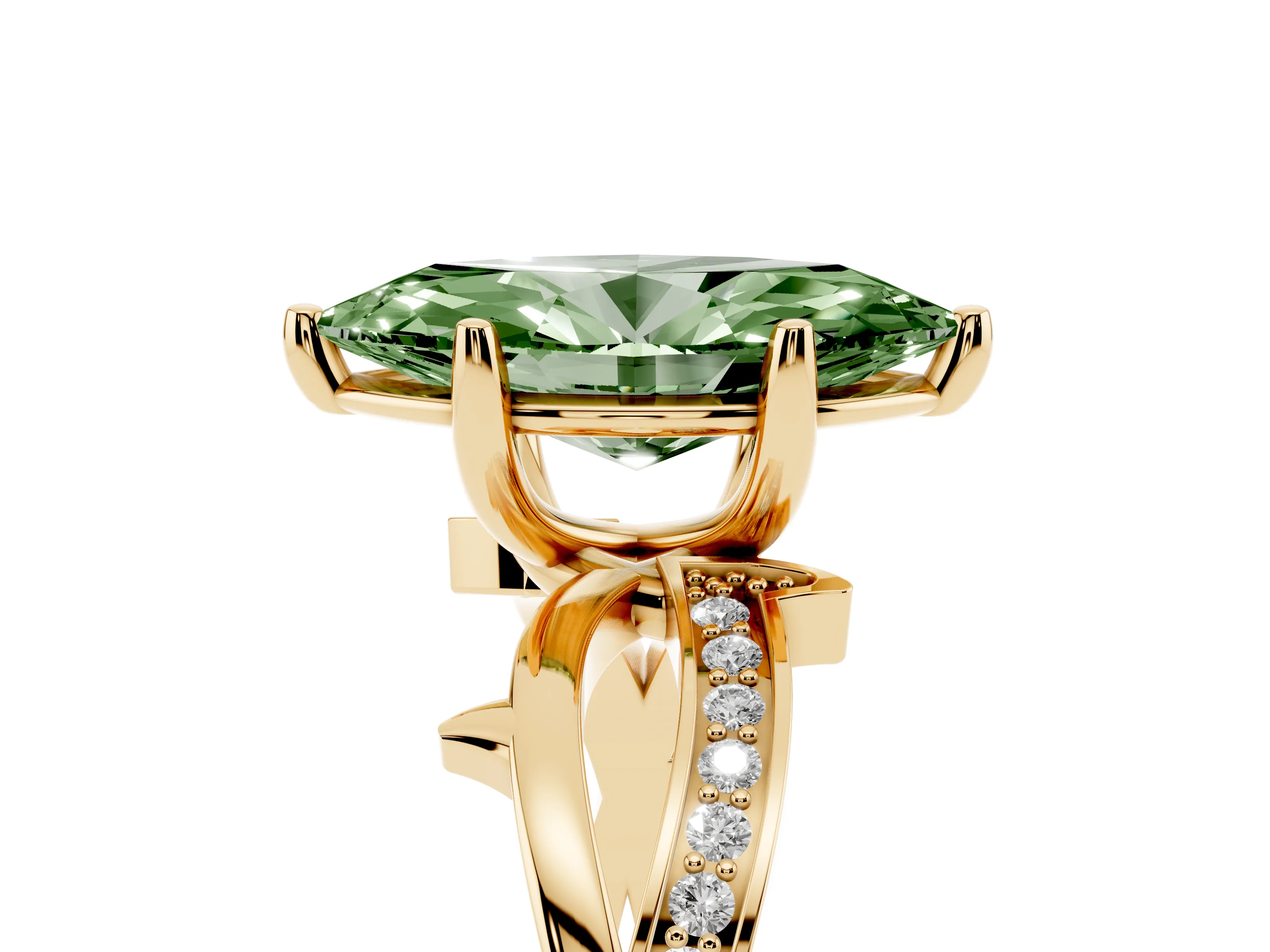 Fancy Green Marquise Cut Diamond Pavé Twist Band Solitaire Ring Set in Yellow gold with Prong Setting