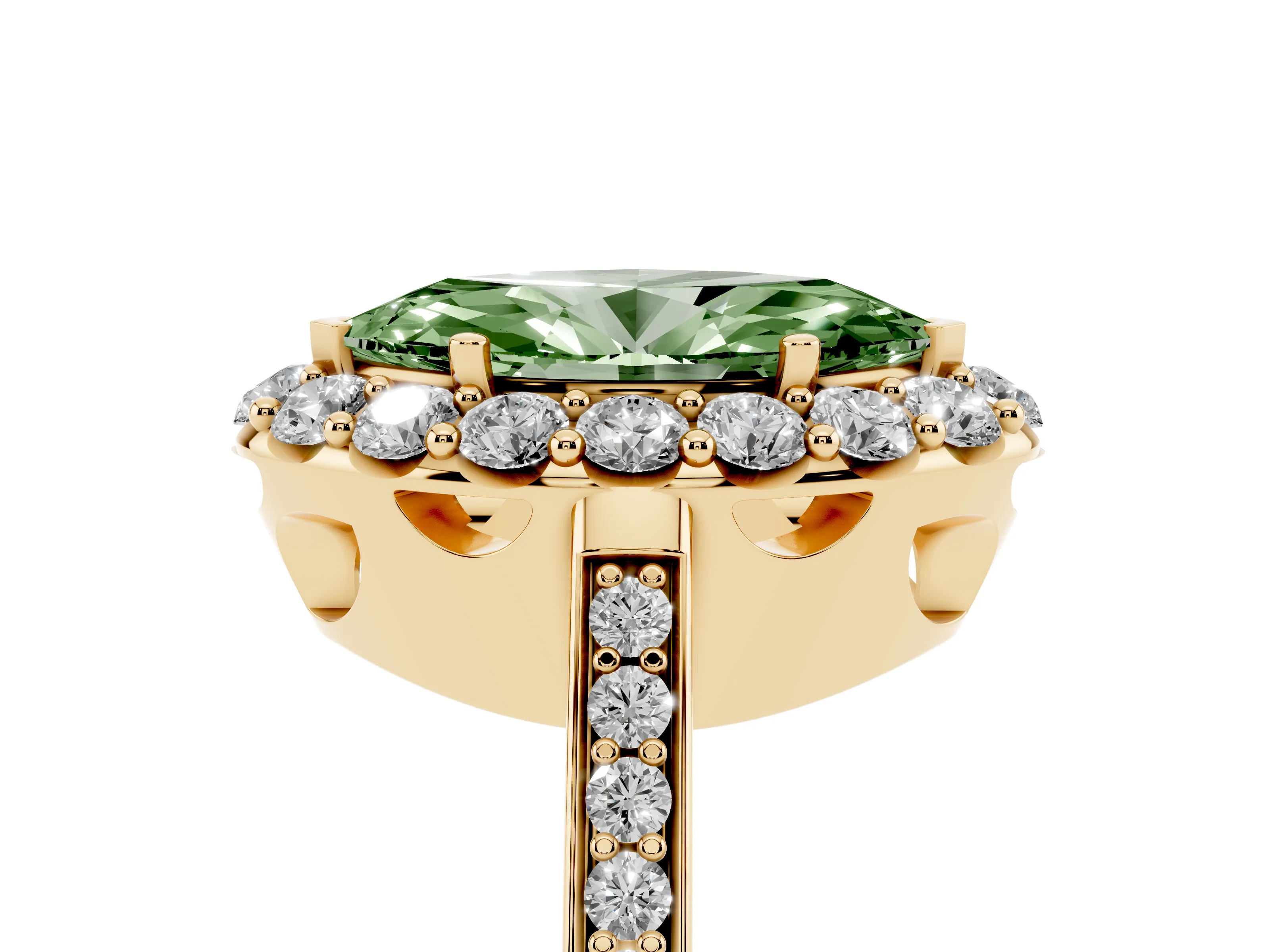 Fancy Green Marquise Cut Diamond Floral Halo Ring Set in Yellow gold with Pavé Band and Prong Setting