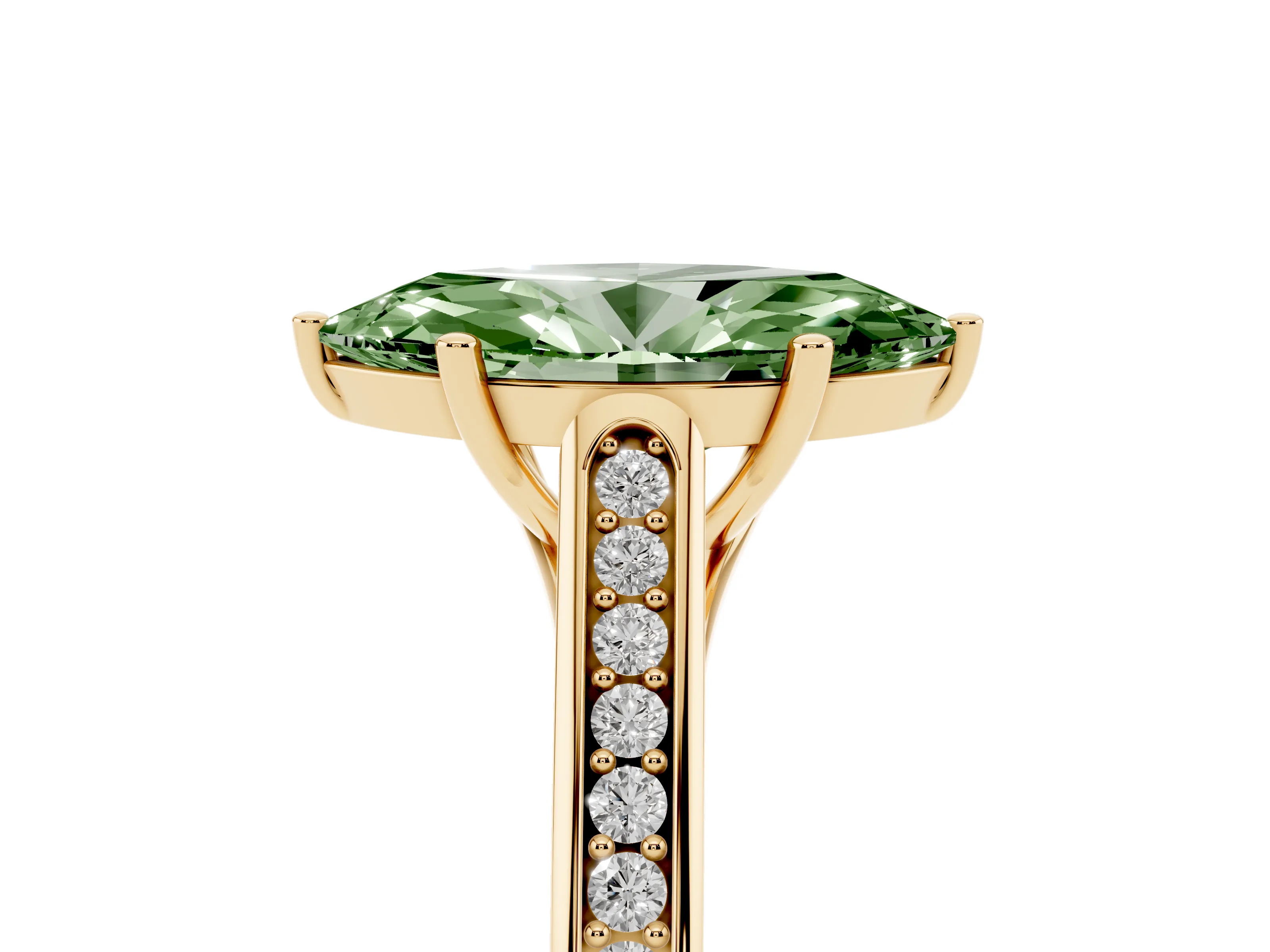 Fancy Green Marquise Cut Diamond Solitaire Cathedral Engagement Ring Set in Yellow gold with Channel-Set Band and Prong Setting
