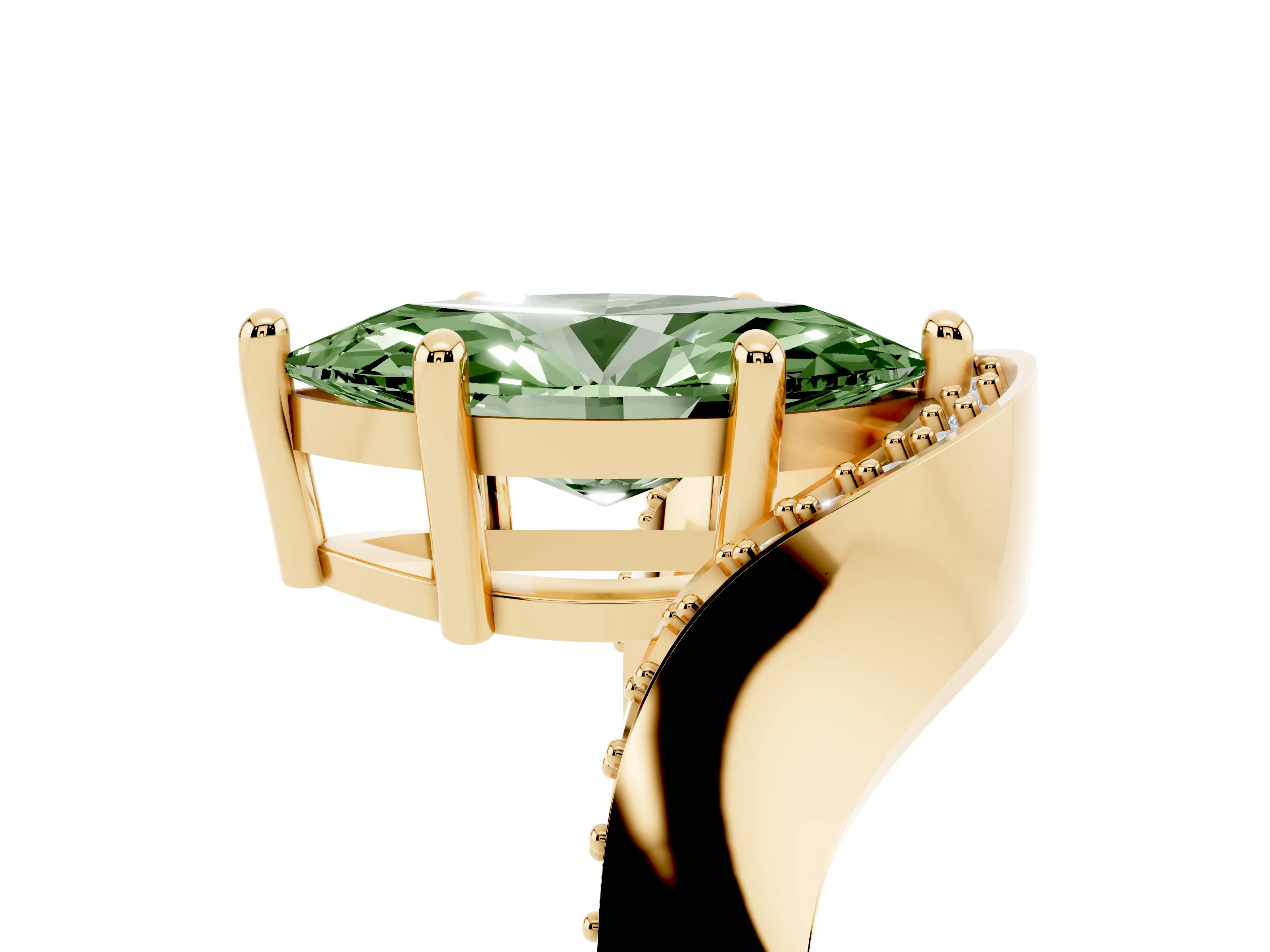 Fancy Green Marquise Cut Diamond Solitaire Engagement Ring Set in Yellow gold with Pavé Shoulders