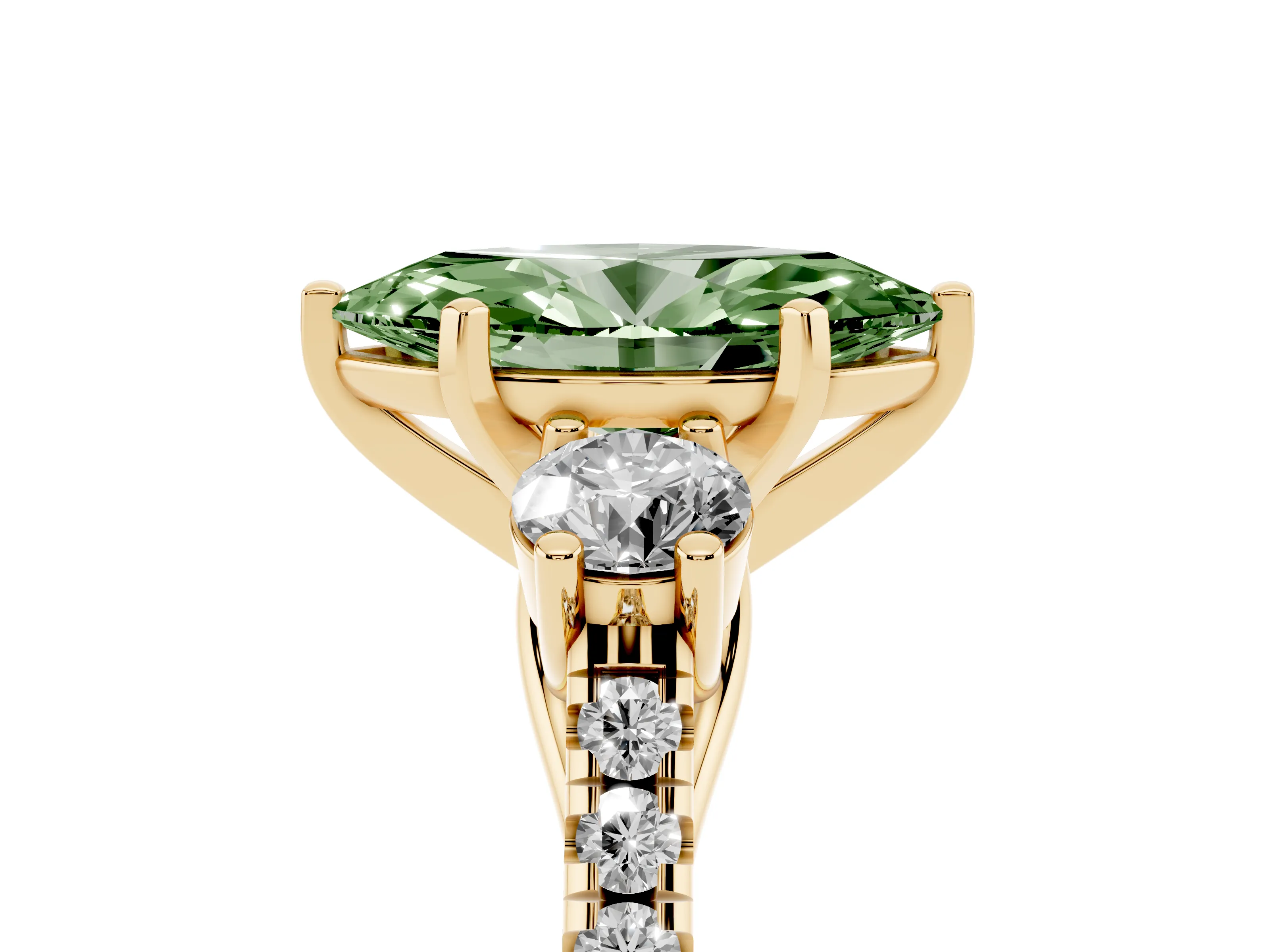 Fancy Green Three-Stone Marquise Cut Diamond Pavé Band Ring Set in Yellow gold with Prong-Set Trio
