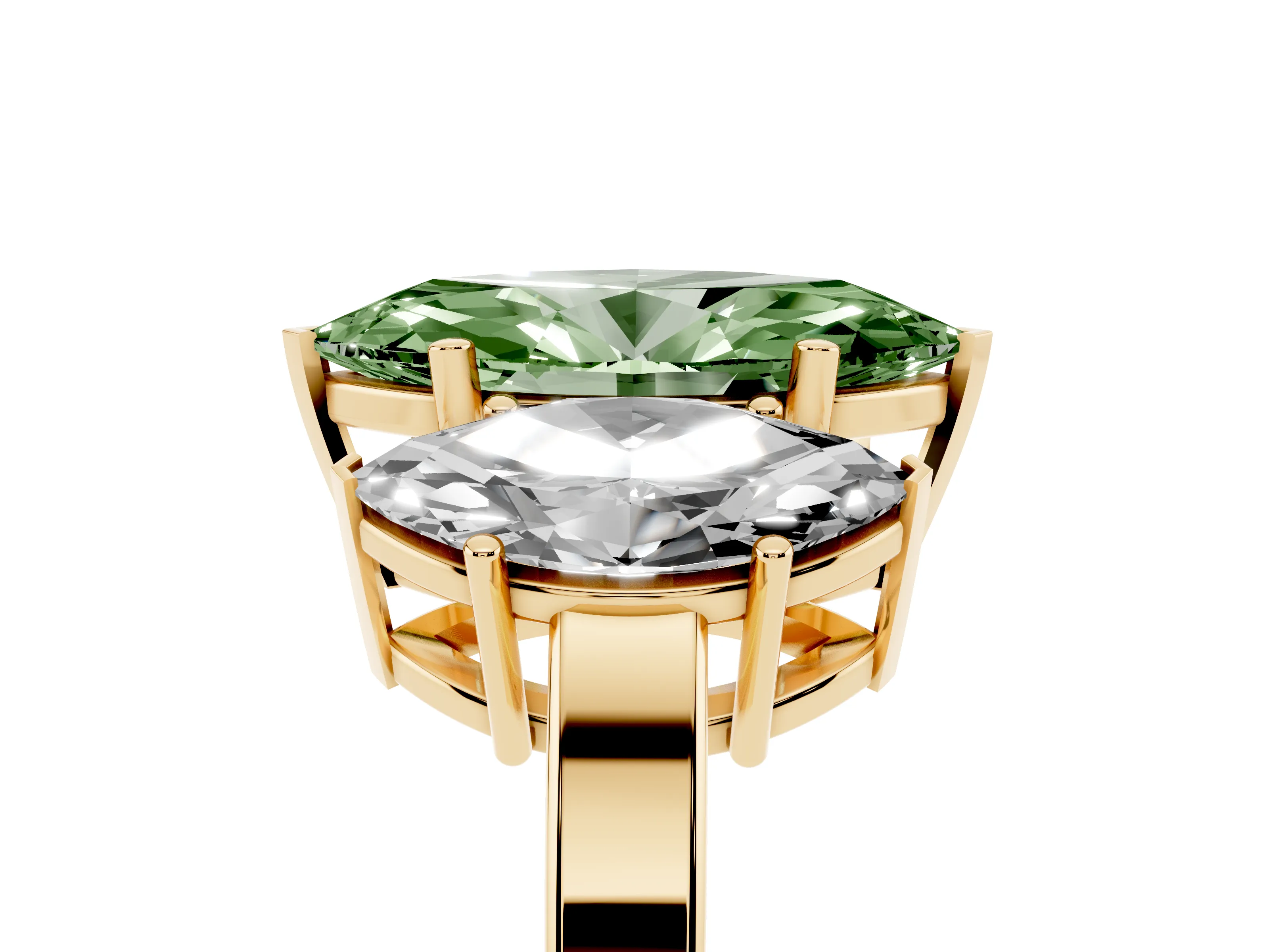 Fancy Green Marquise Cut Diamond Three-Stone Engagement Ring Set in Yellow gold with Flat Band