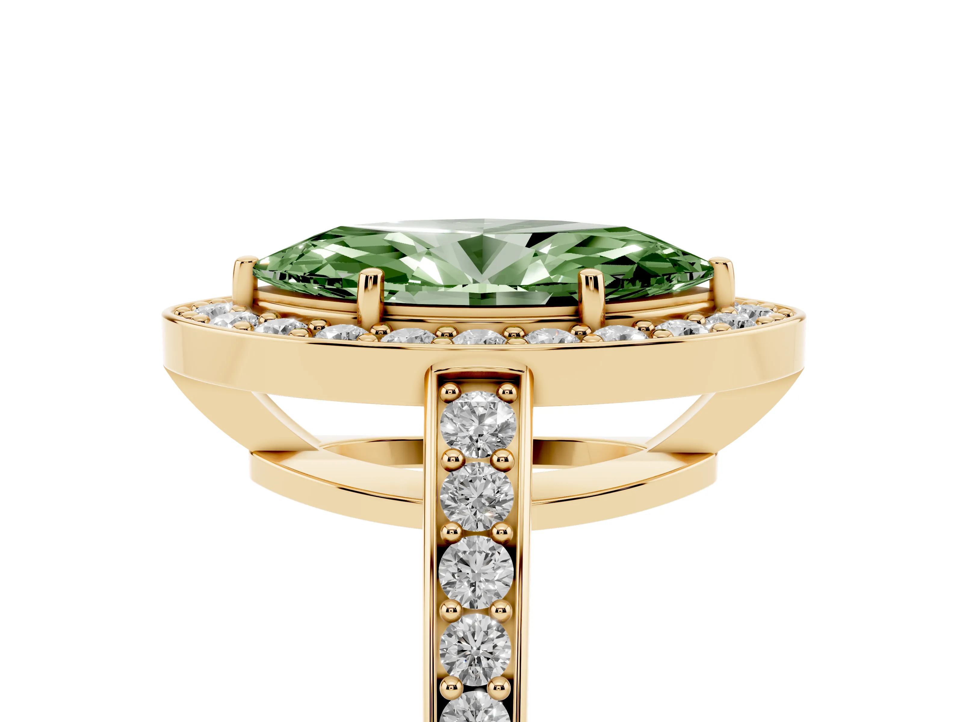 Fancy Green Marquise Cut Diamond Halo Pavé Engagement Ring Set in Yellow gold with Bezel Setting