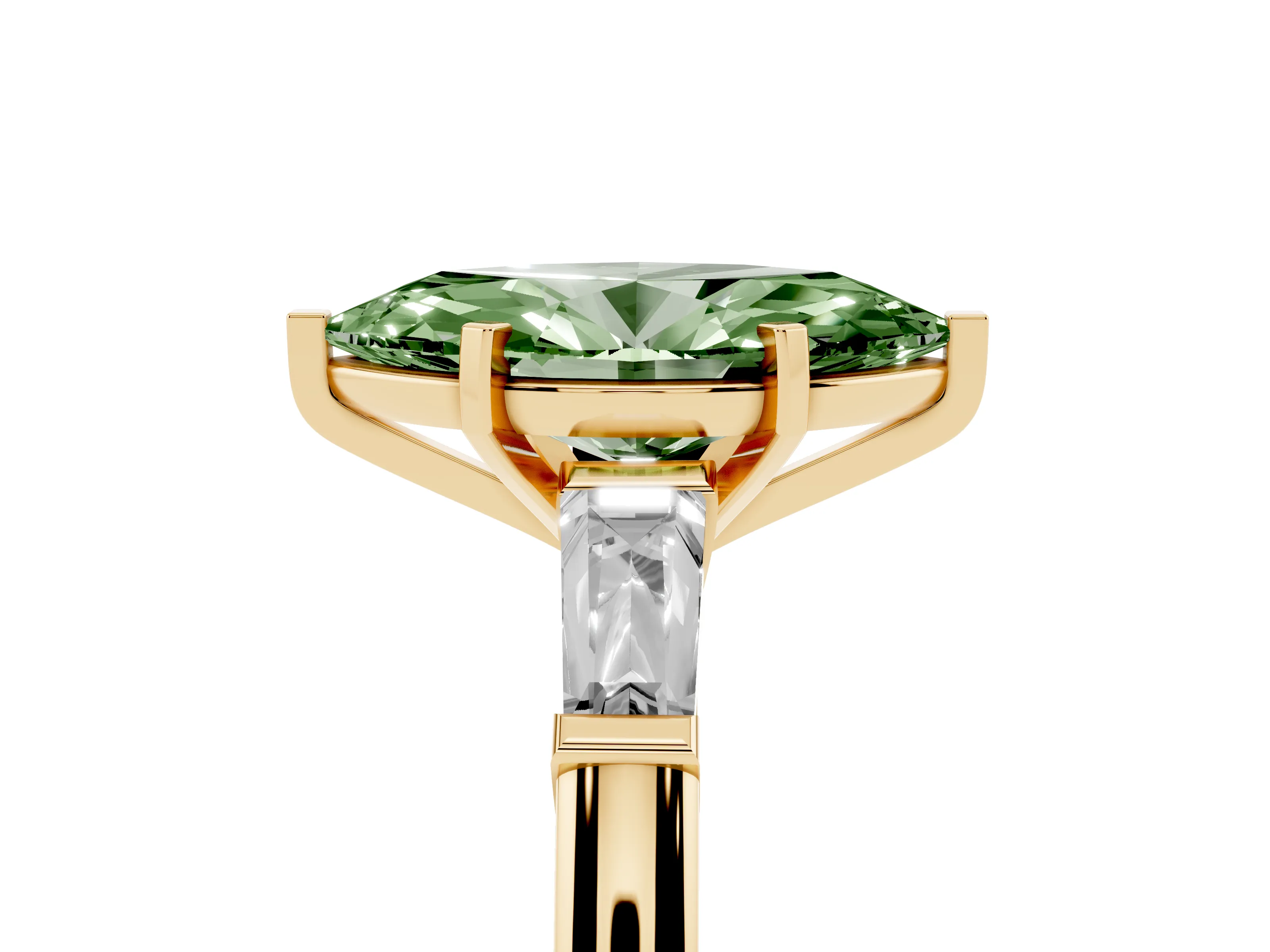Fancy Green Marquise Cut Diamond Solitaire Ring Set in Yellow gold with Tapered Baguette Side Stones and Prong Setting