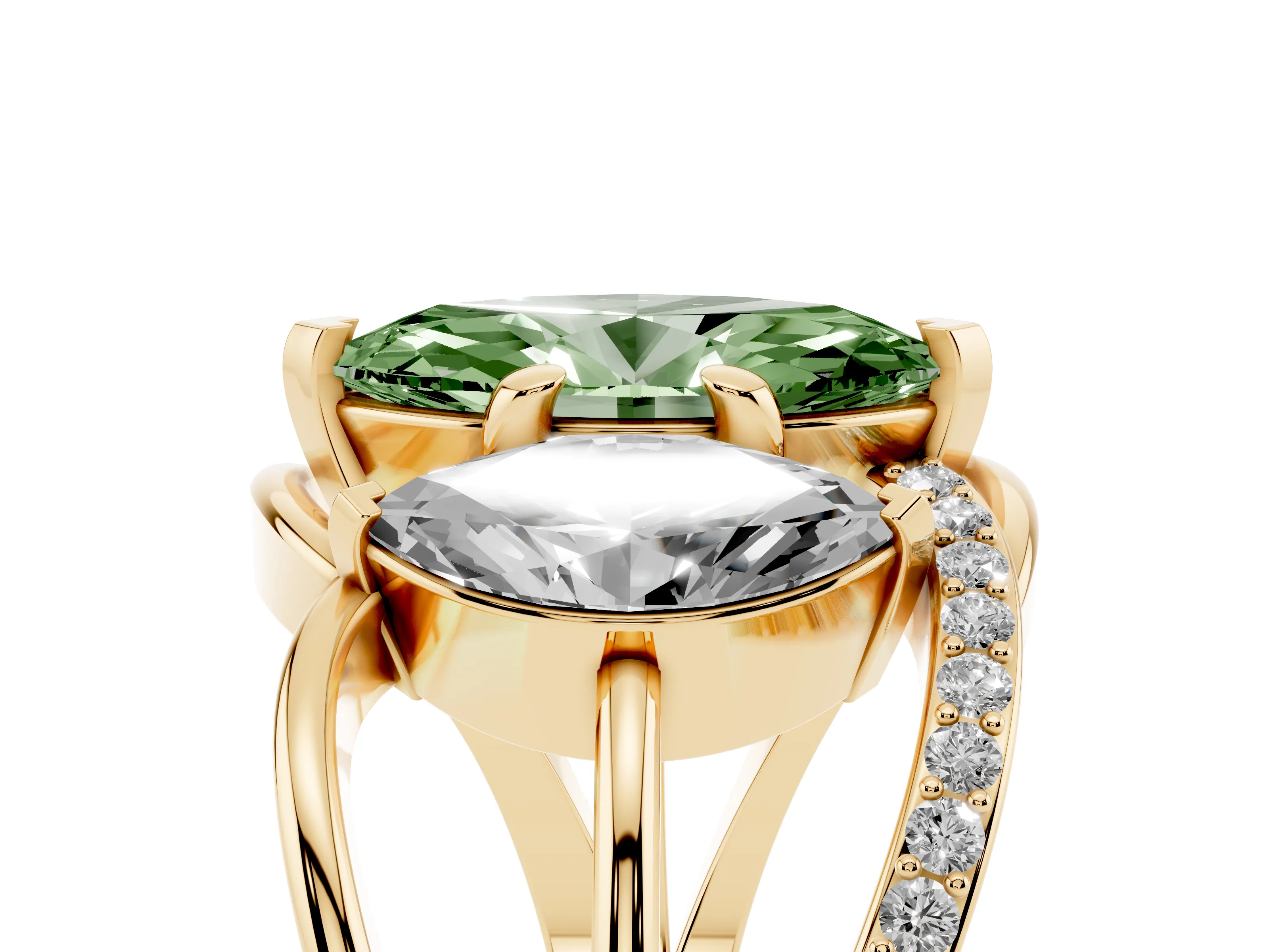 Fancy Green Marquise Cut Diamond Three-Stone Ring Set in Yellow gold with Split Shank and Prong Setting