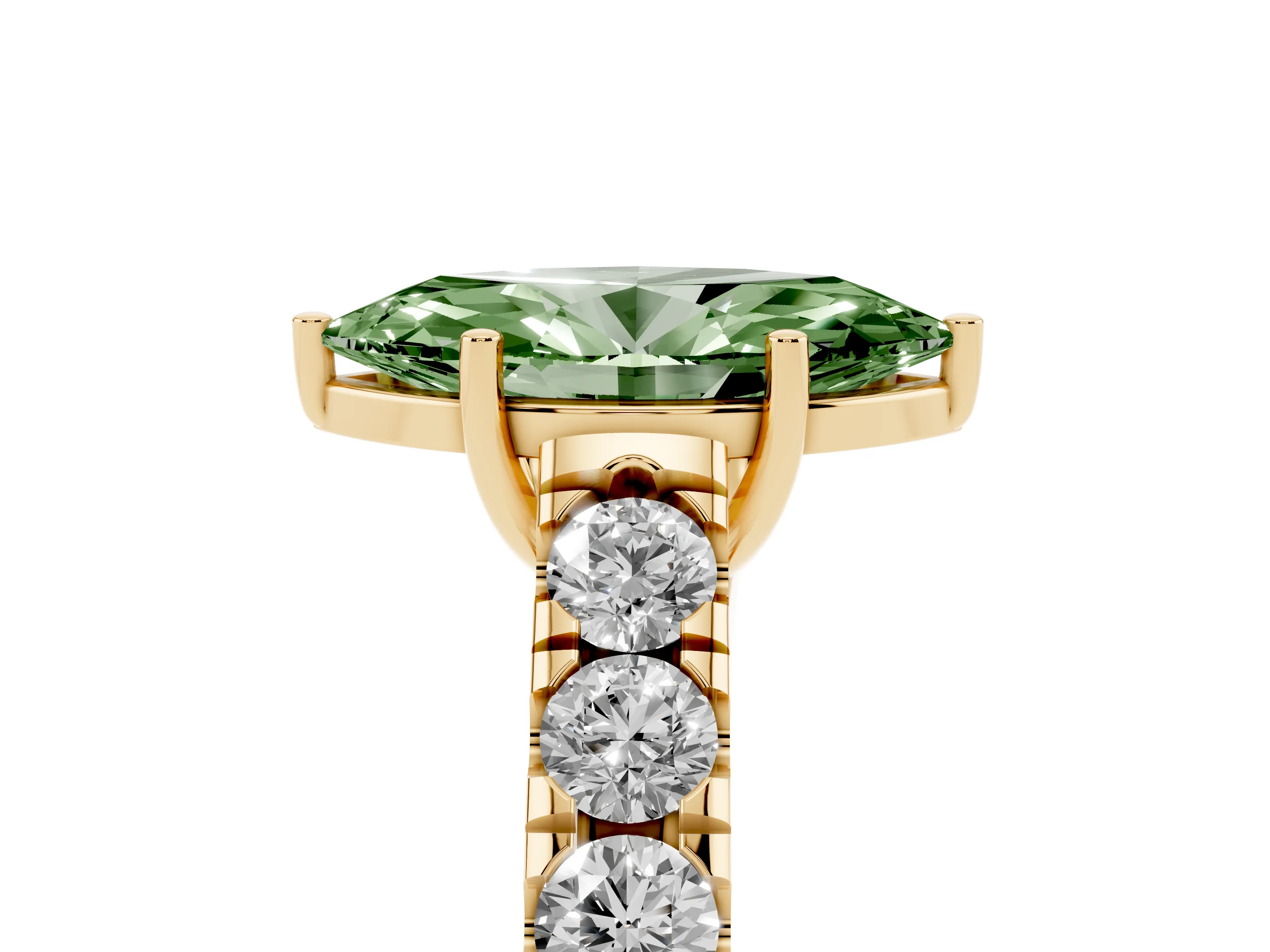 Fancy Green Marquise Cut Diamond Solitaire Ring Set in Yellow gold with Cut-Down Micro Pavé Band and Prong Setting