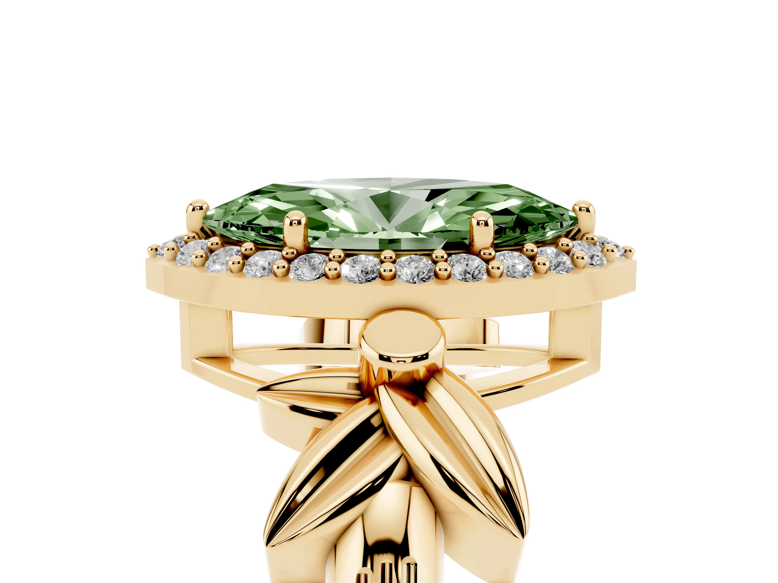 Fancy Green Marquise Cut Diamond Halo Floral Band Ring Set in Yellow gold with Prong Setting
