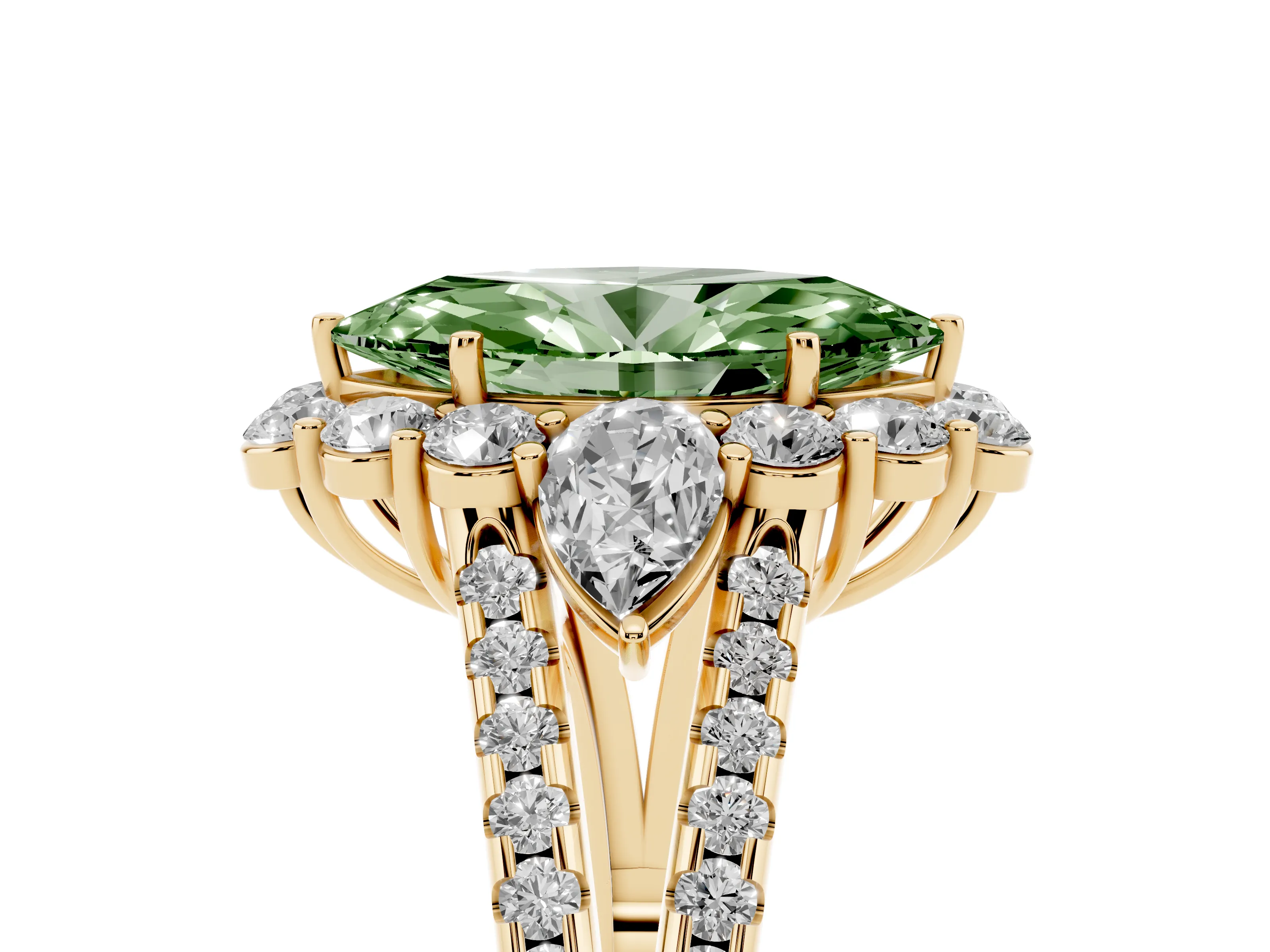 Fancy Green Marquise Cut Diamond Halo Split Shank Engagement Ring Set in Yellow gold with Prong-Held Center Stone