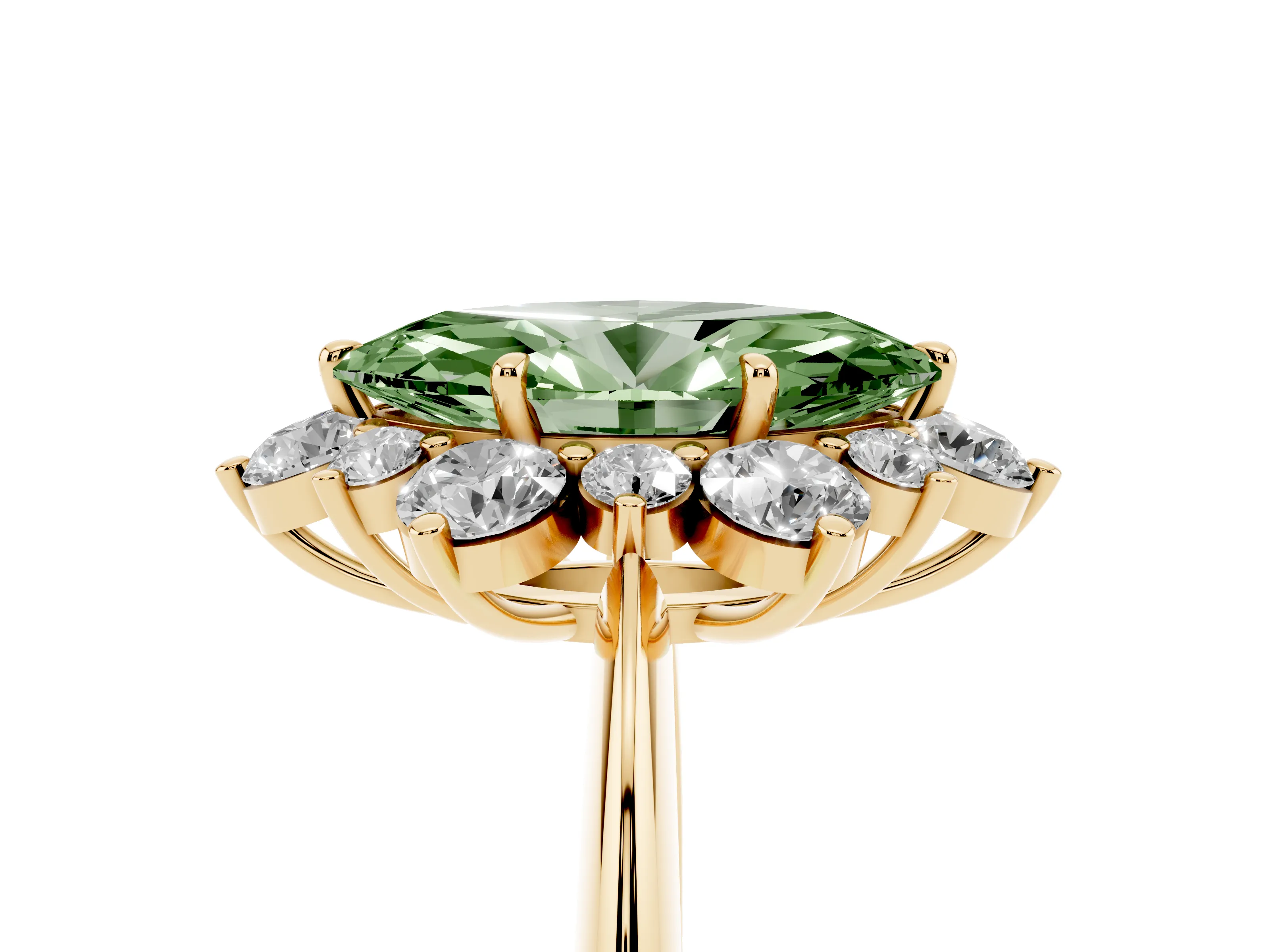 Fancy Green Marquise Cut Diamond Cluster Halo Ring Set in Yellow gold with Solitaire Band and Prong Setting