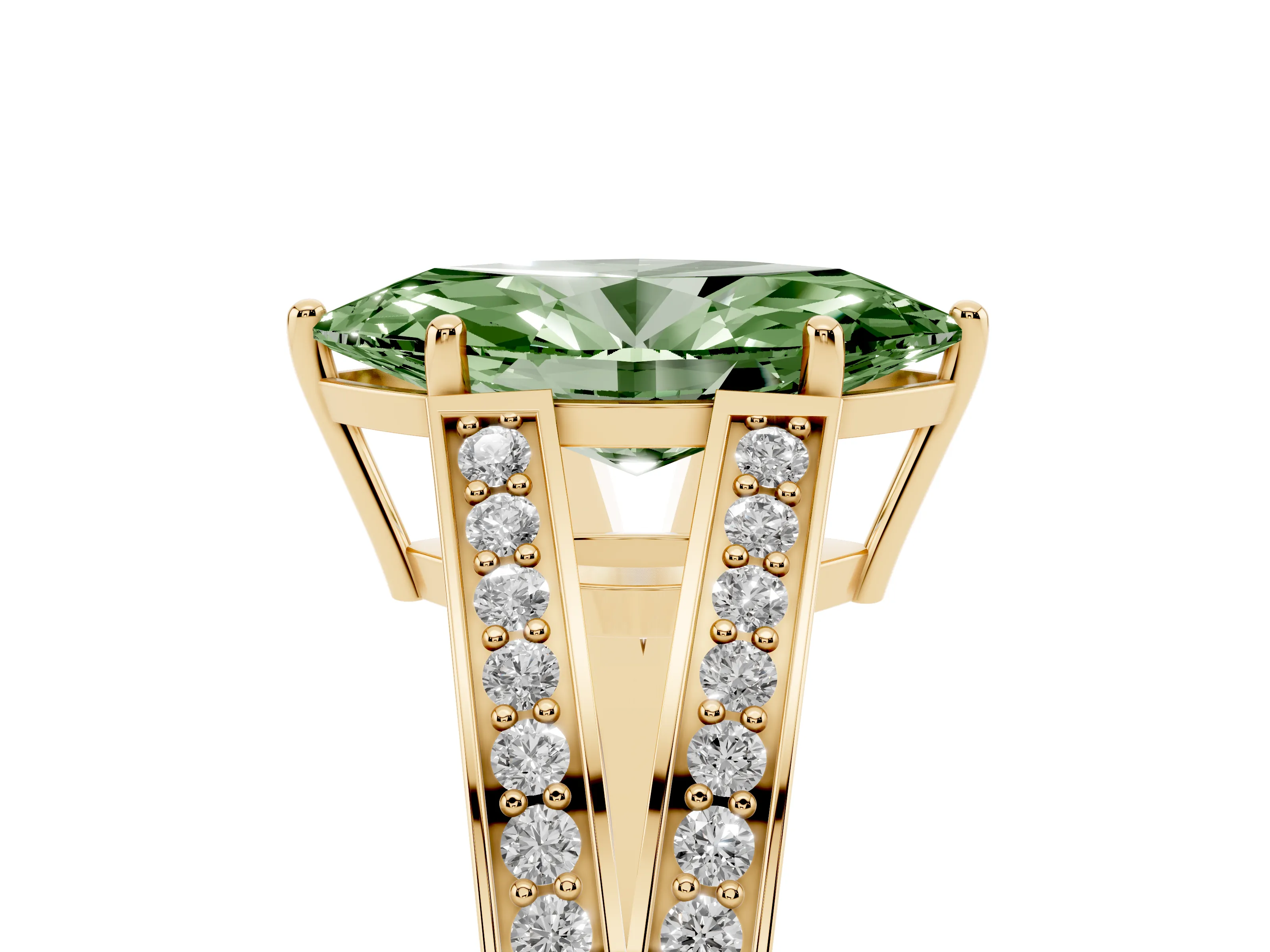 Fancy Green Marquise Cut Diamond Split Shank Ring Set in Yellow gold with Pavé Band and Prong Setting