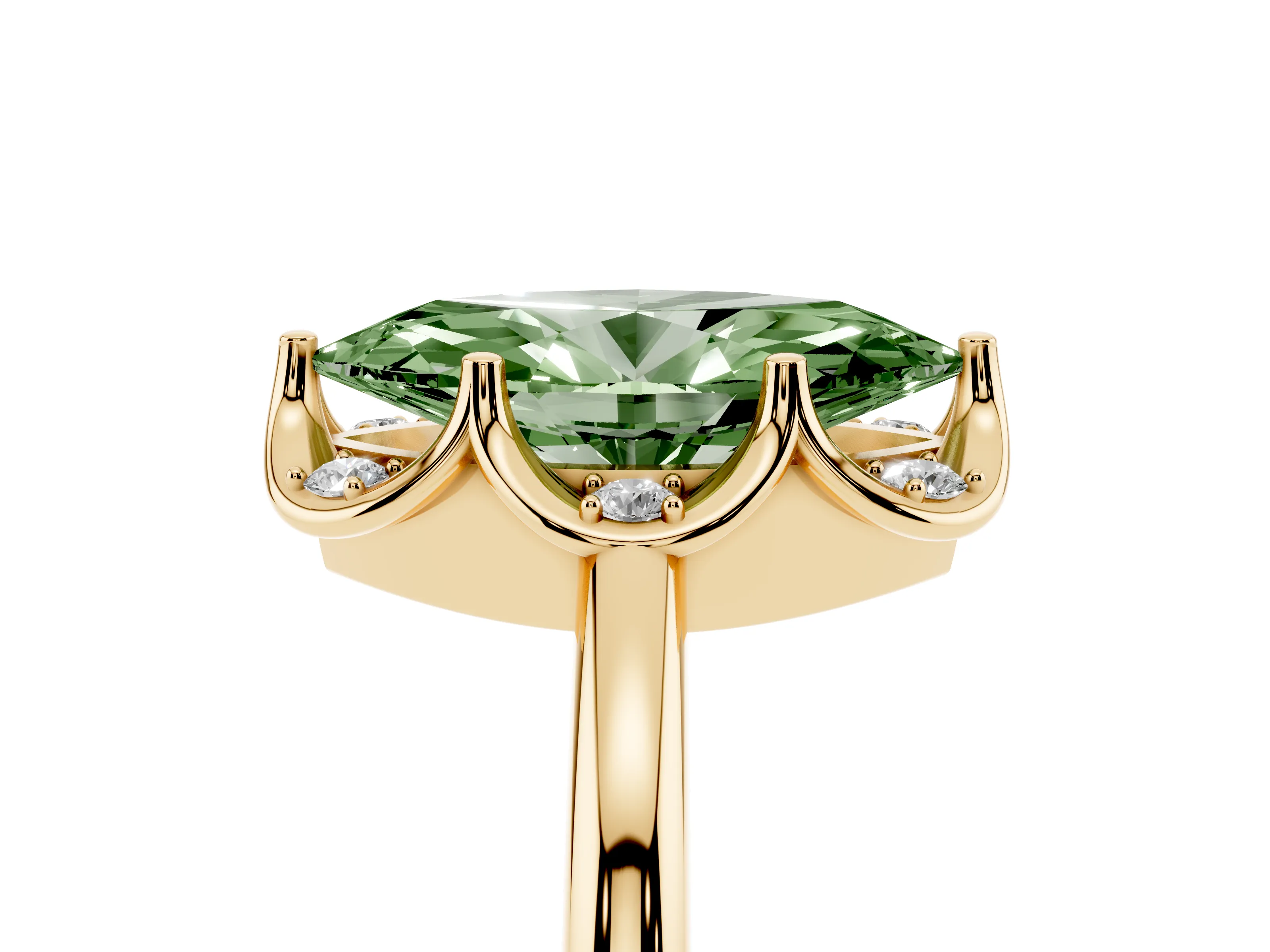Fancy Green Marquise Cut Diamond Round Cluster Halo Ring Set in Yellow gold with Solitaire Band and Prong Setting