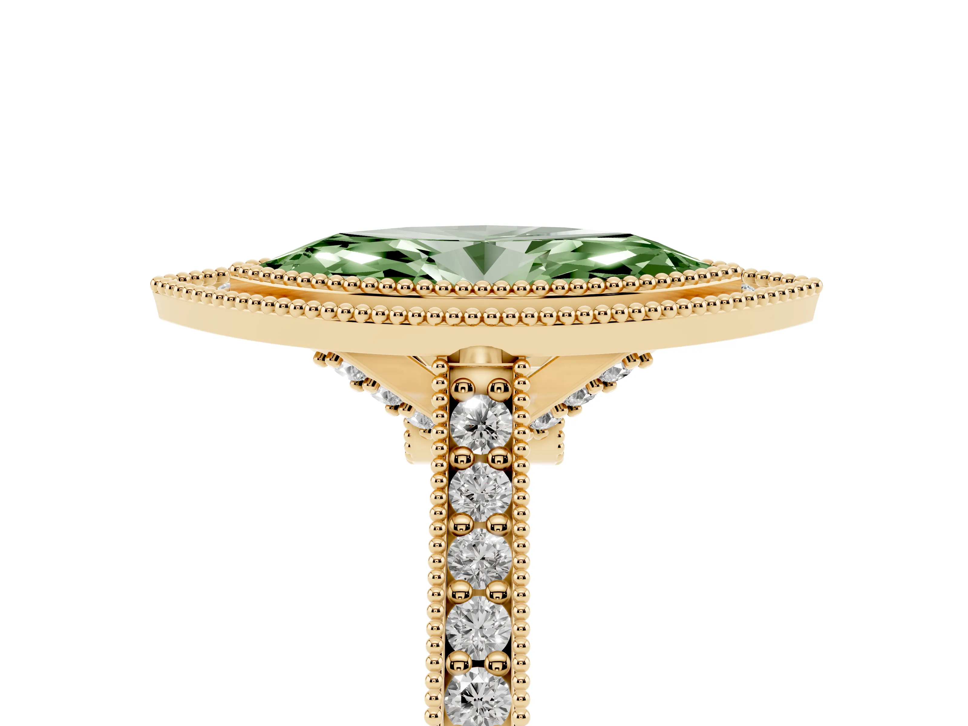 Fancy Green Marquise Cut Diamond Halo Milgrain Pavé Band Ring Set in Yellow gold with Prong Setting