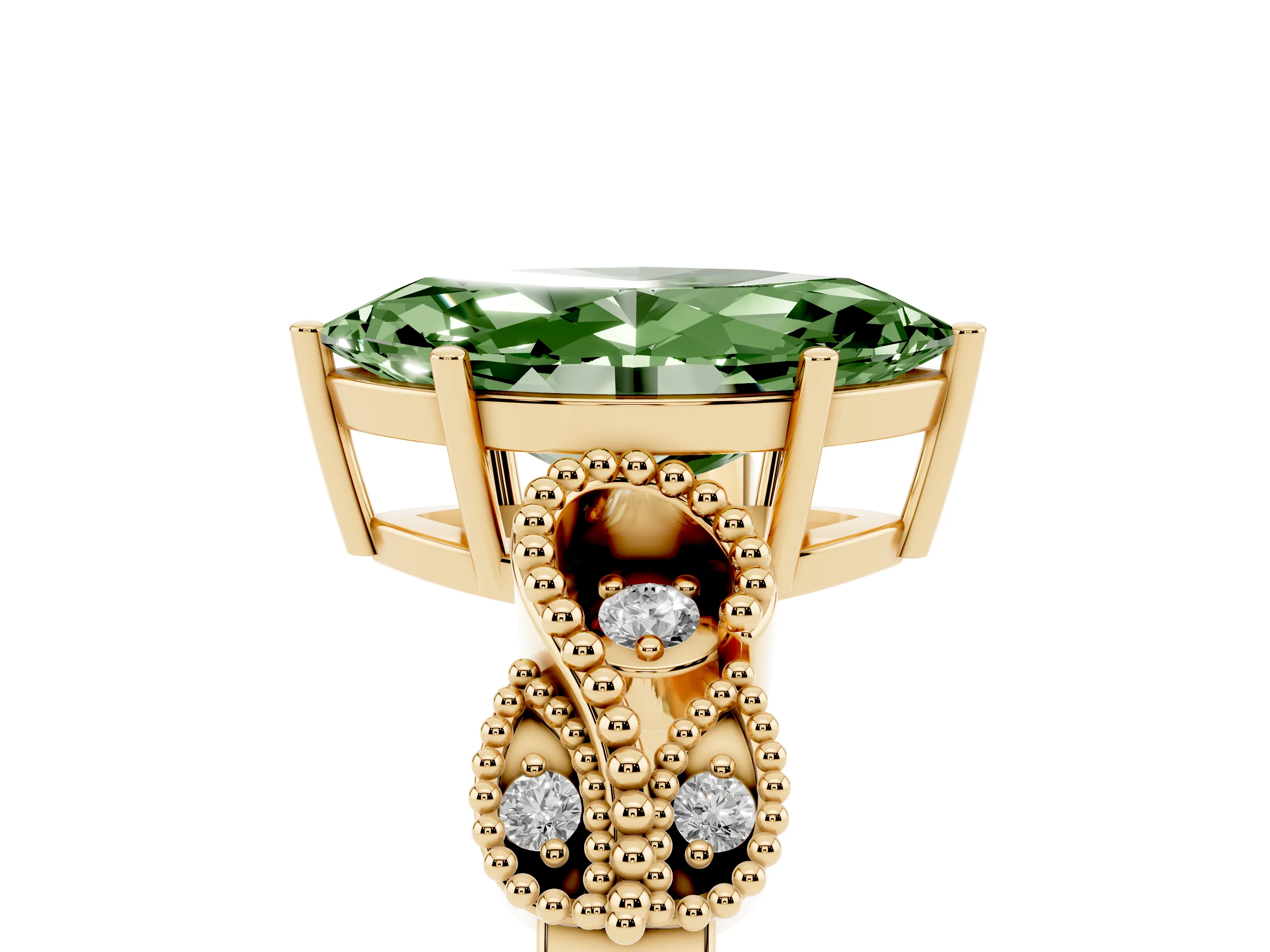 Fancy Green Marquise Cut Diamond Milgrain Leaf Band Solitaire Ring Set in Yellow gold with Accent Stones and Prong Setting