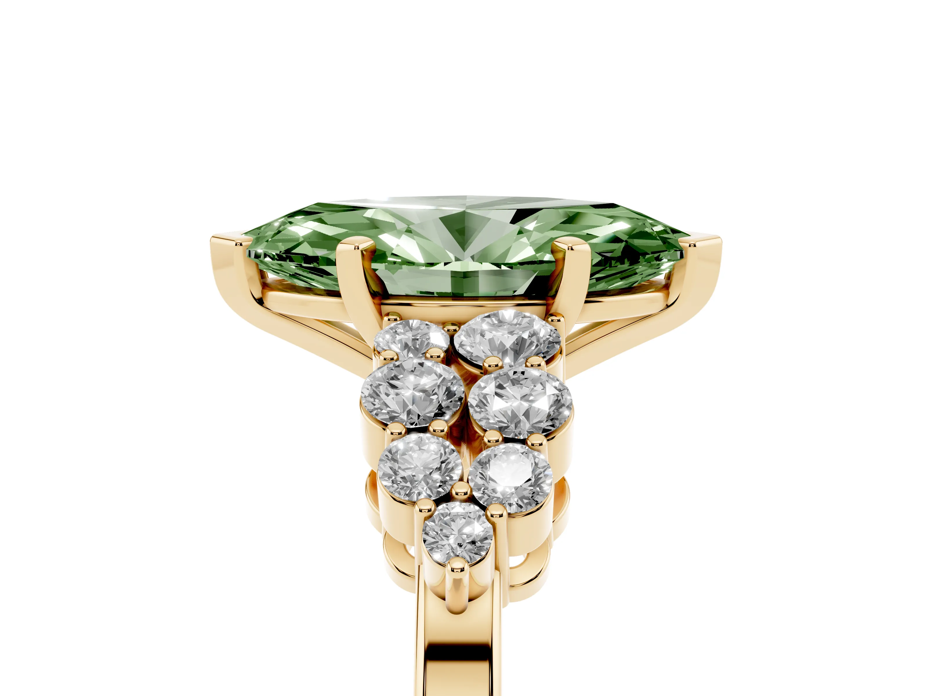 Fancy Green Marquise Cut Diamond Cluster Engagement Ring Set in Yellow gold with Pavé Band and Prong Setting
