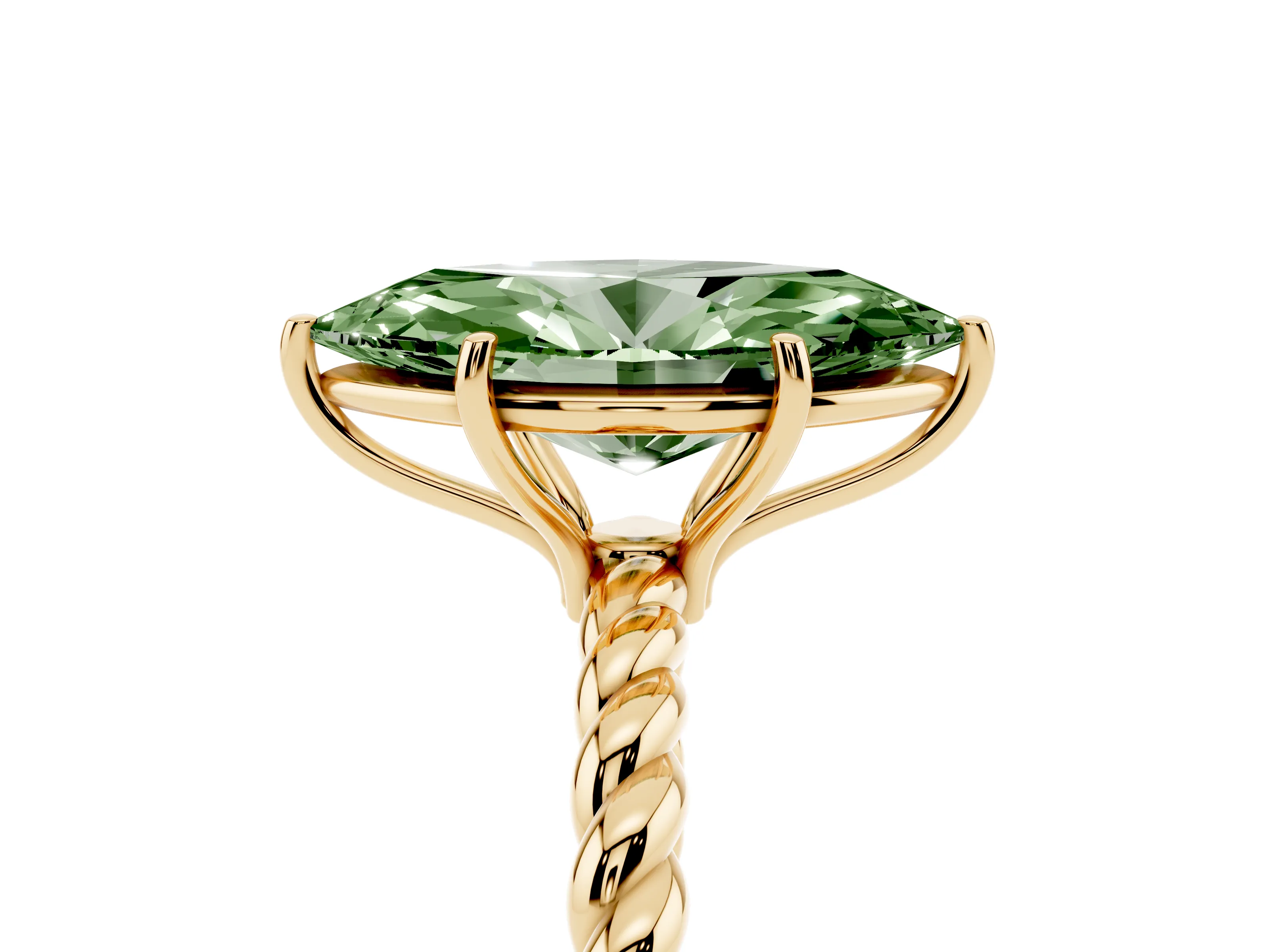 Fancy Green Marquise Cut Diamond Solitaire Ring Set in Yellow gold with Twist Band and Prong Setting