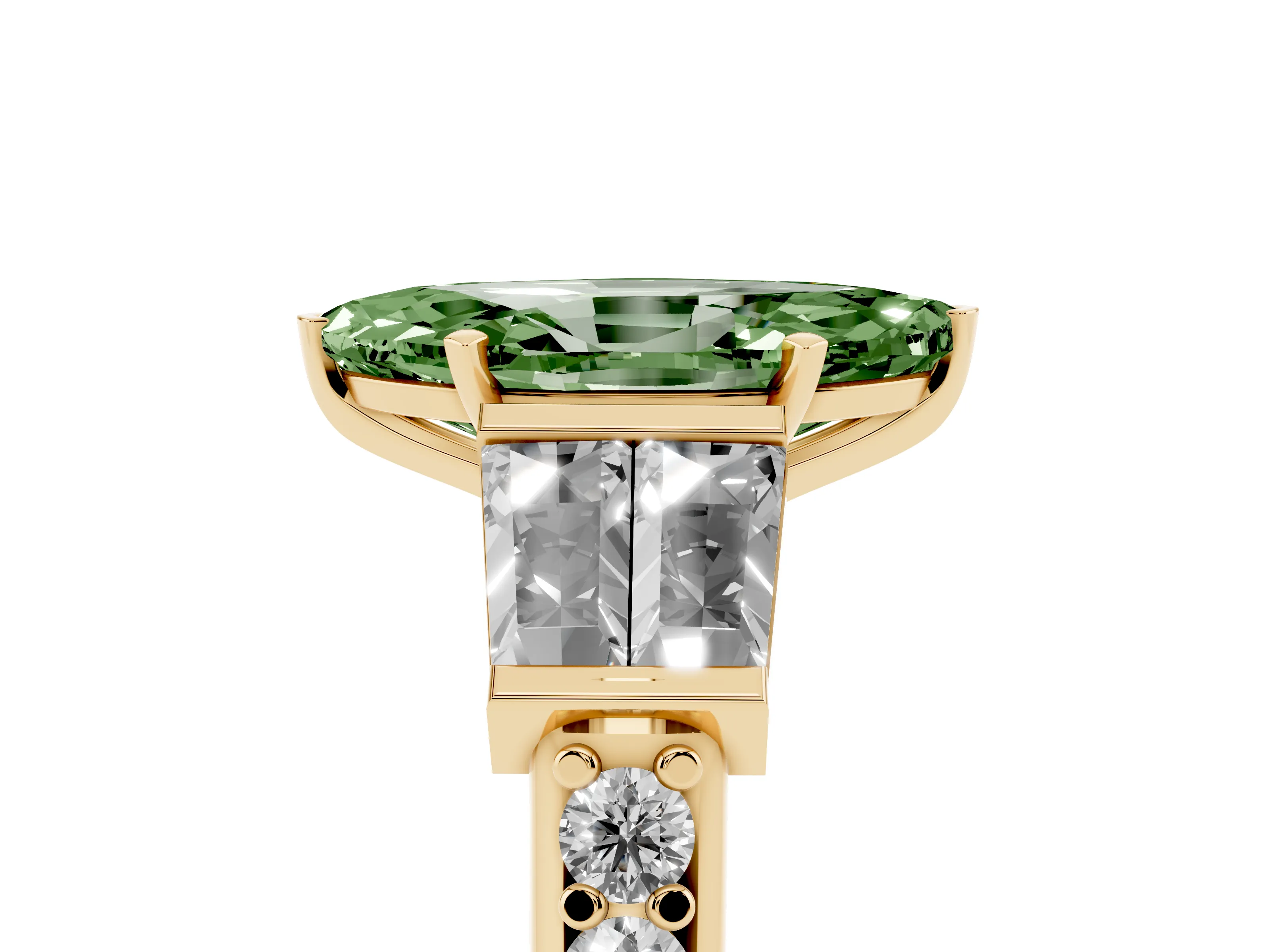 Fancy Green Marquise Cut Diamond Engagement Ring Set in Yellow gold with Baguette Side Stones and Channel Set Band