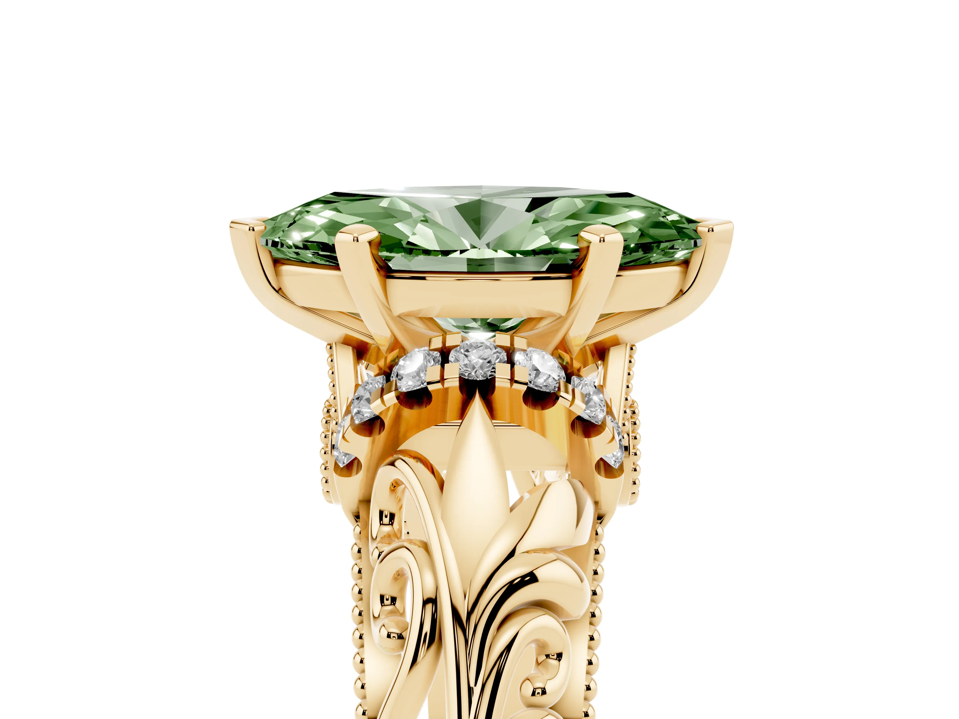 Fancy Green Marquise Cut Diamond Filigree Halo Engagement Ring Set in Yellow gold with Prong Setting