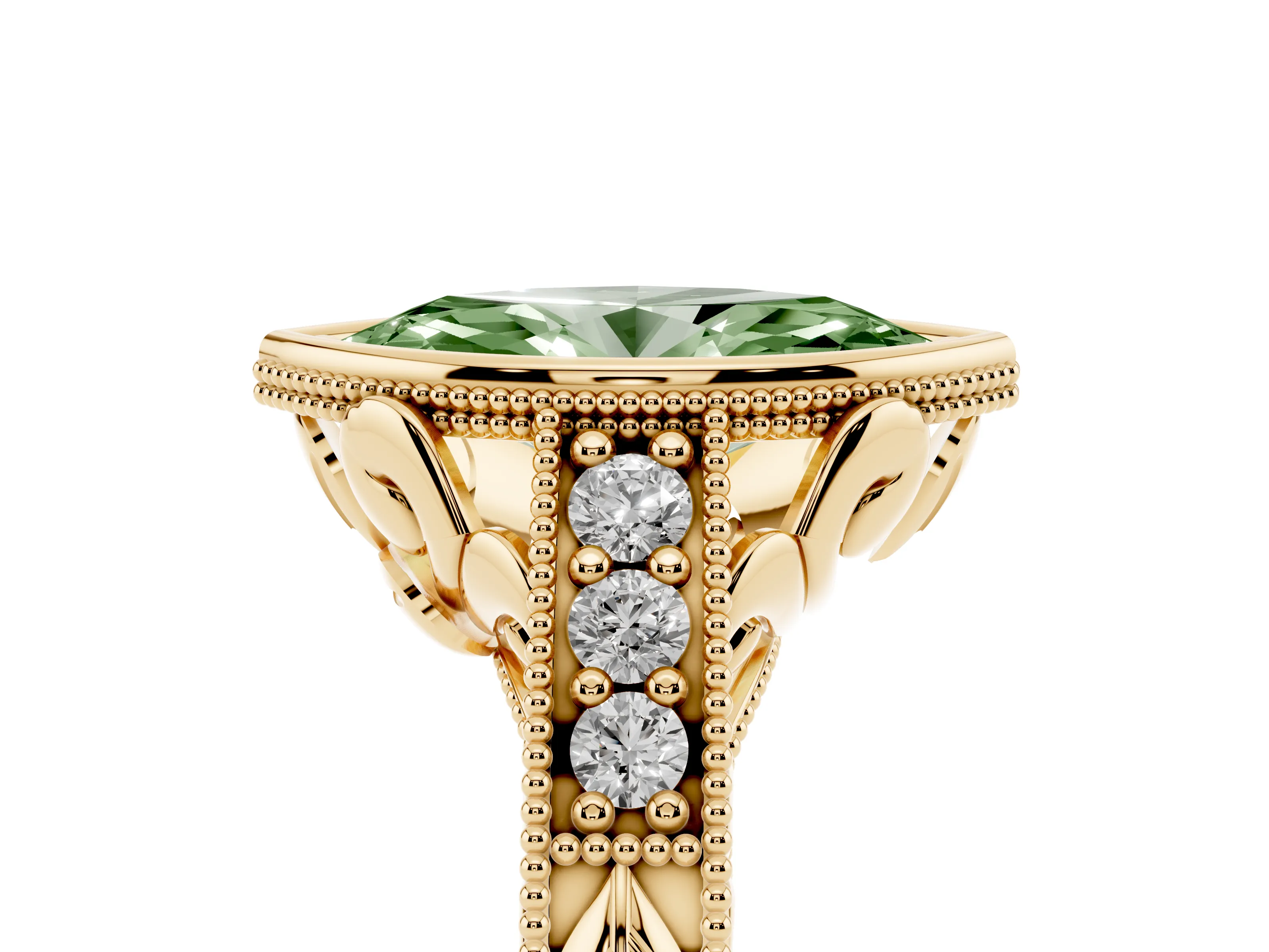 Fancy Green Bezel Set Marquise Cut Diamond Milgrain Pavé Engagement Ring Set in Yellow gold