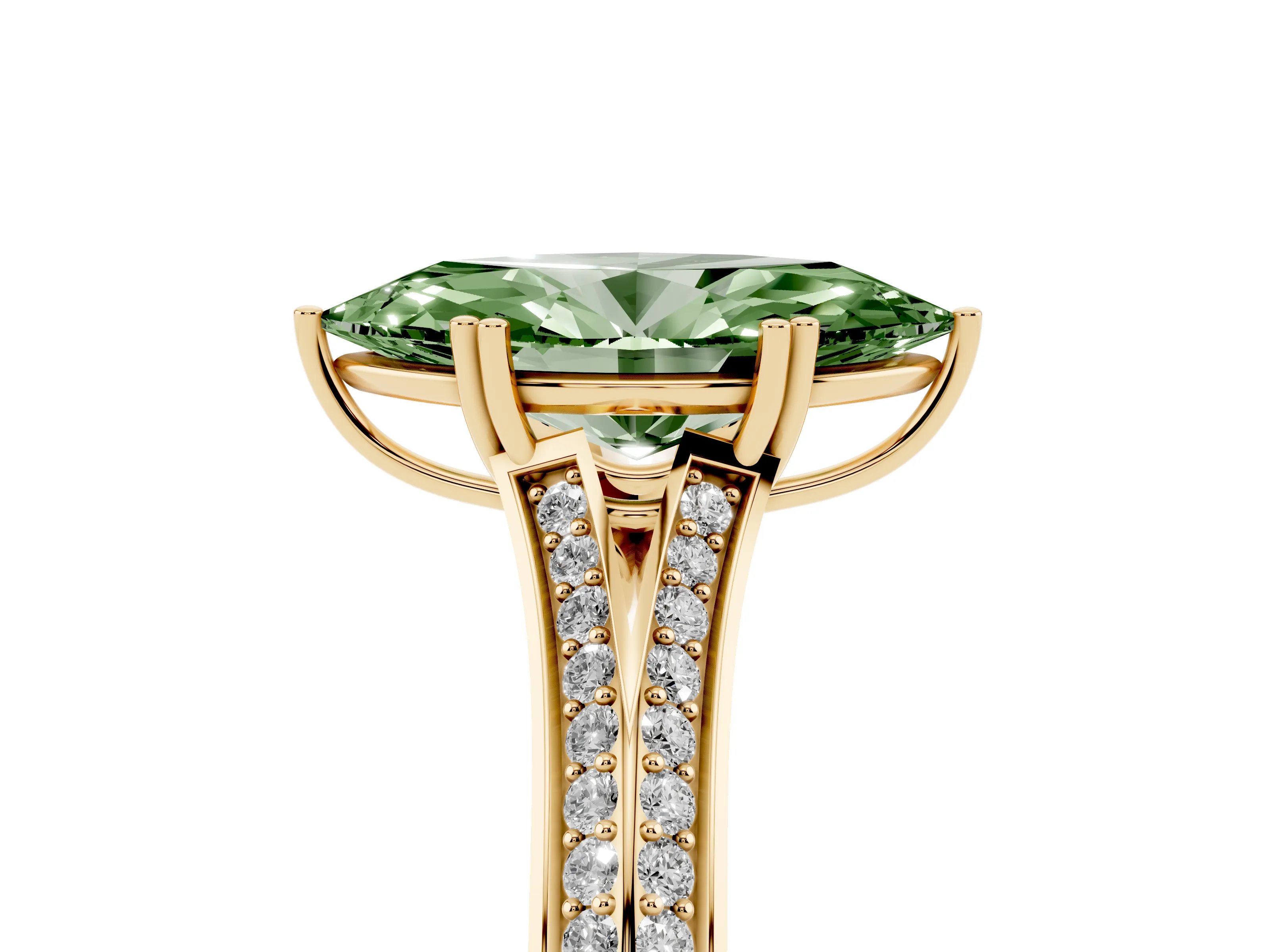 Fancy Green Marquise Cut Diamond Split Shank Pavé Engagement Ring Set in Yellow gold with Prong-Set Center Stone