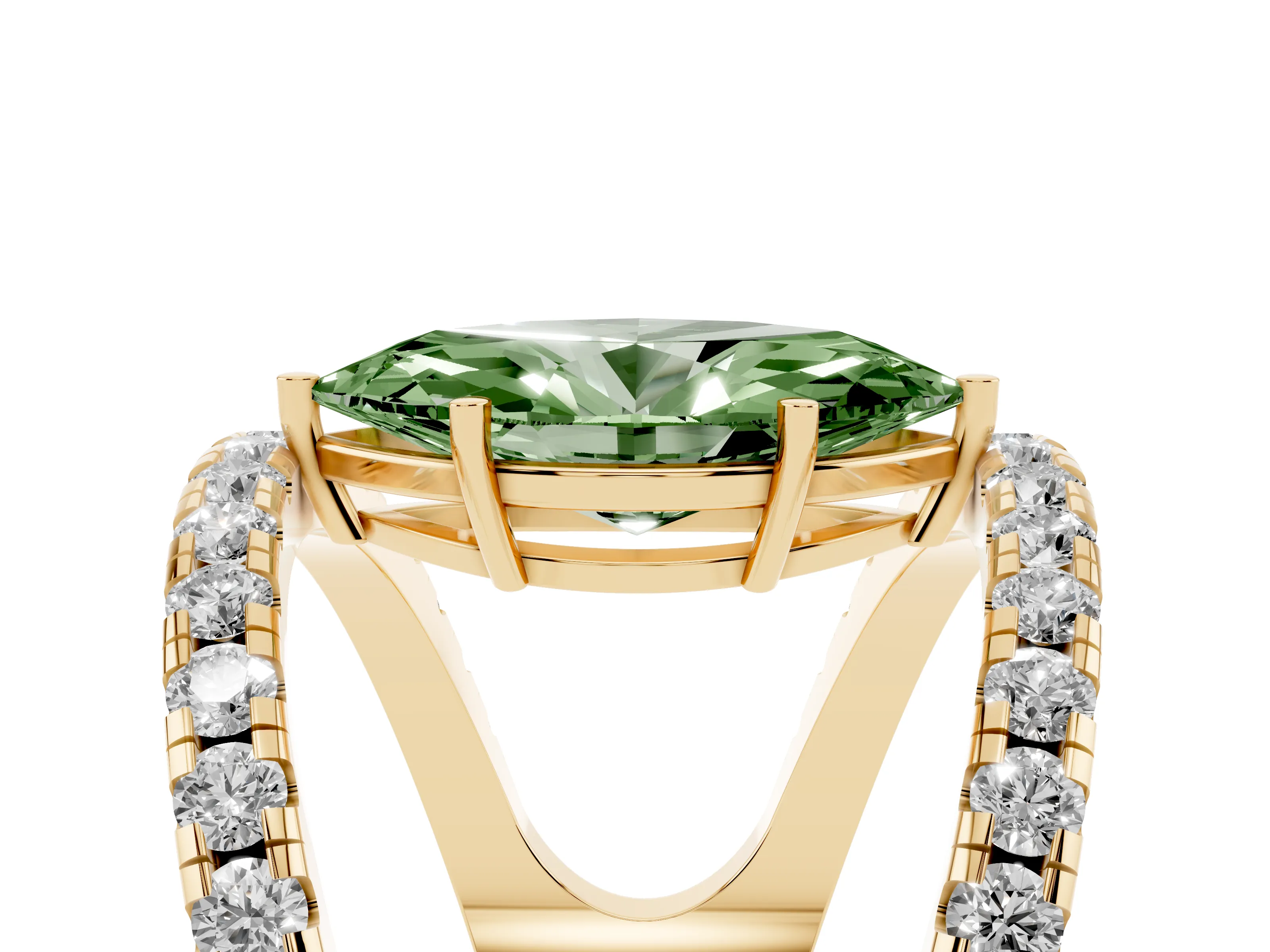Fancy Green Marquise Cut Diamond Split Shank Pavé Solitaire Ring Set in Yellow gold with Open Shank Design