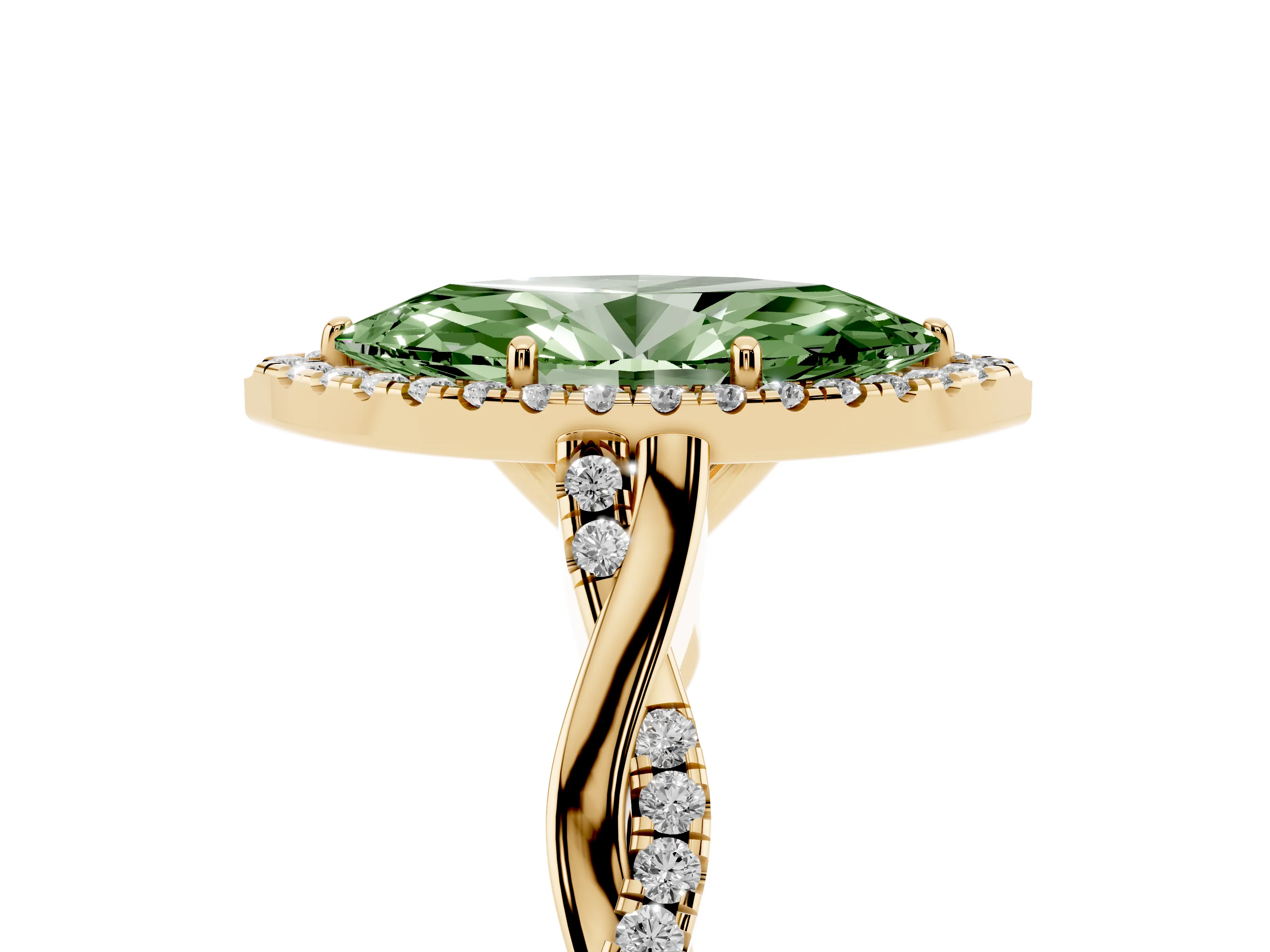 Fancy Green Marquise Cut Diamond Halo Twist Band Solitaire Ring Set in Yellow gold with Prong Setting