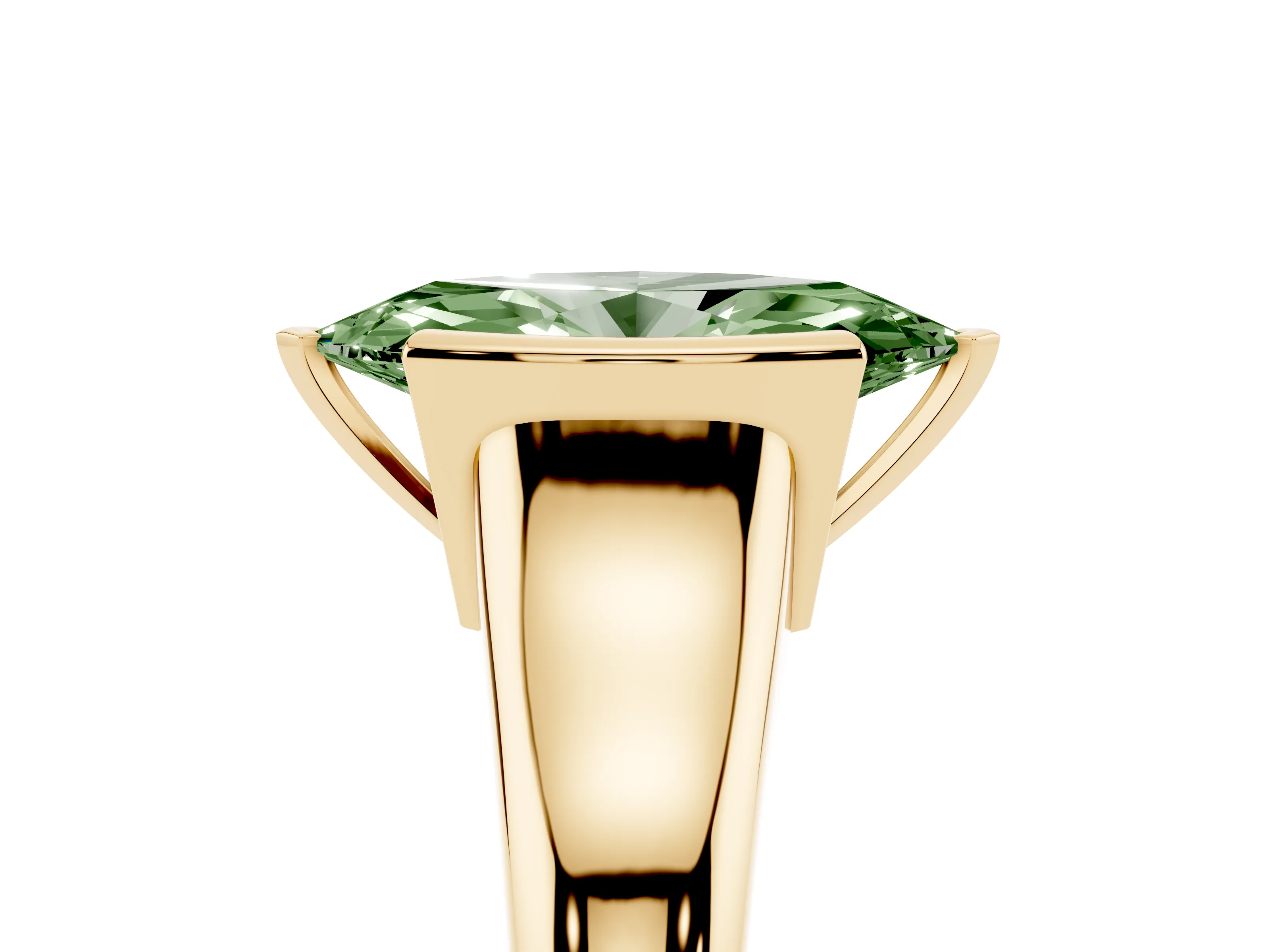 Fancy Green Marquise Cut Diamond Solitaire Tension Set Ring Set in Yellow gold with Split Shank Band