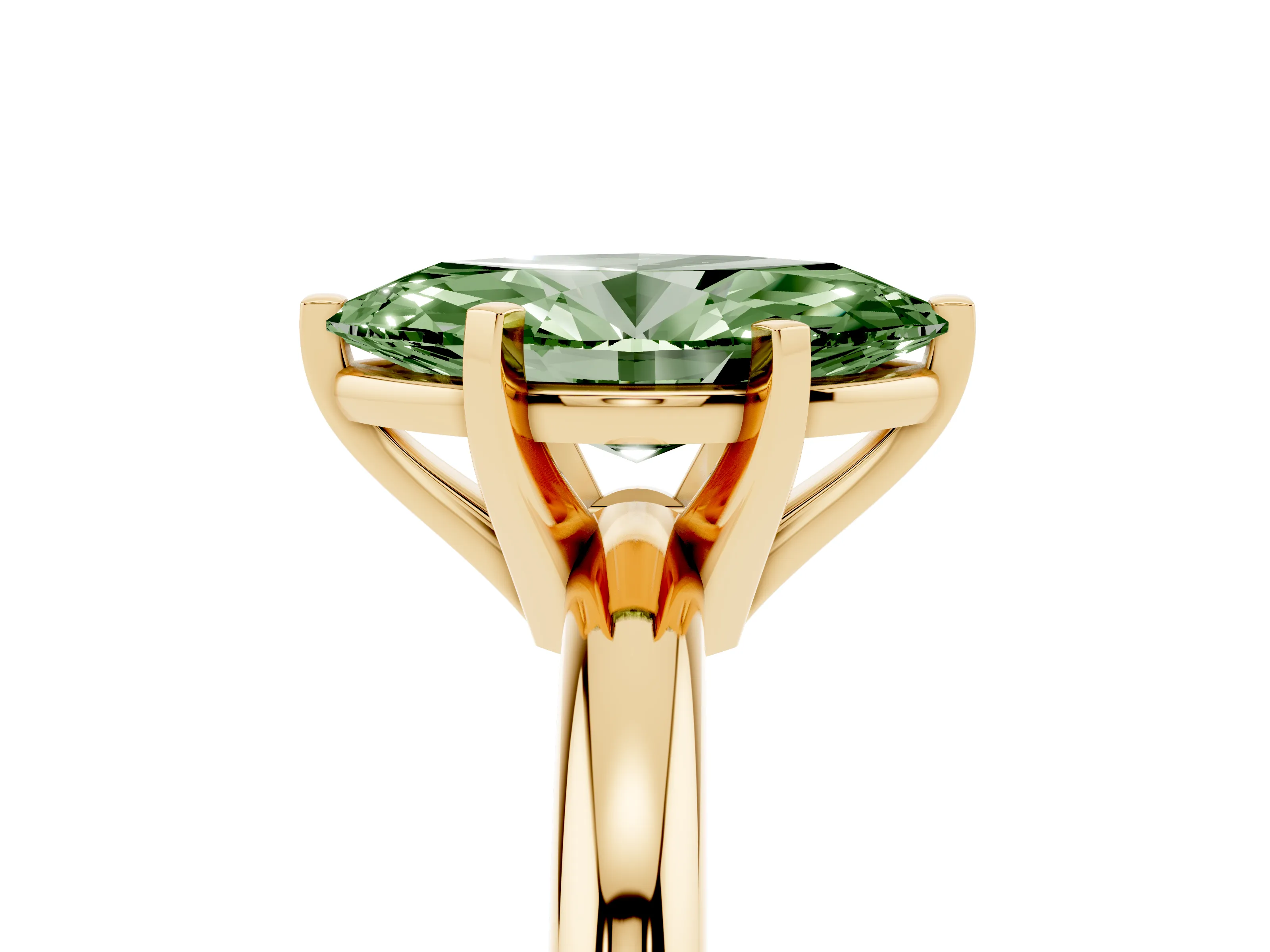 Fancy Green Marquise Cut Diamond Solitaire Engagement Ring Set in Yellow gold with Round Band and Prong Setting
