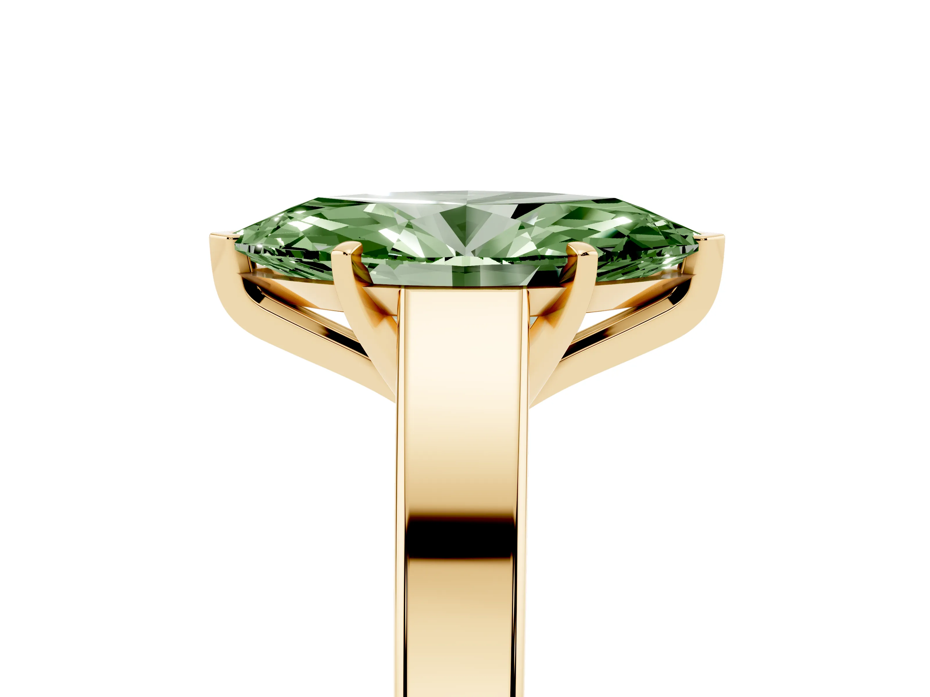 Fancy Green Marquise Cut Diamond Solitaire Engagement Ring Set in Yellow gold with Prong Setting and Tapered Band