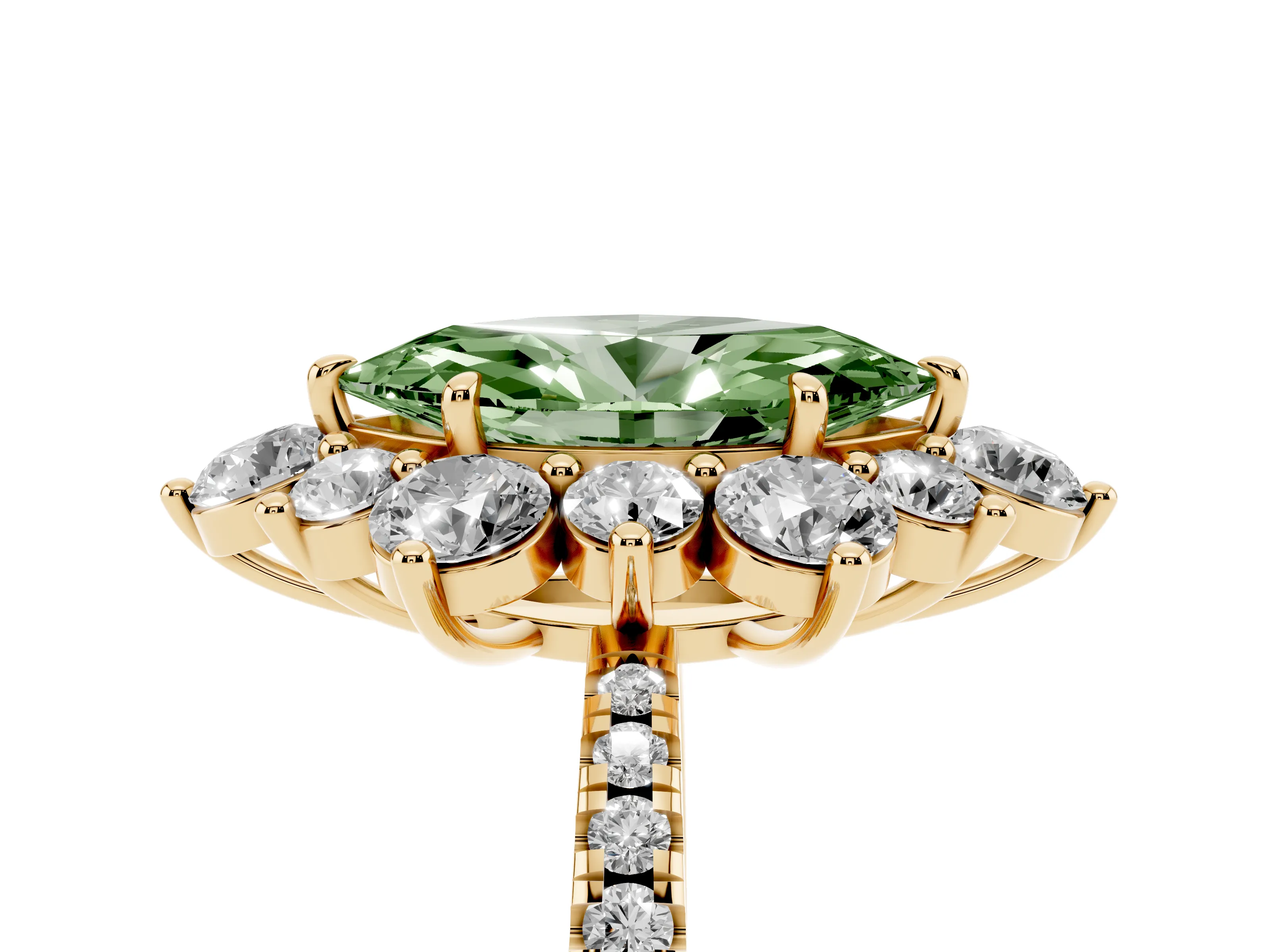 Fancy Green Marquise Cut Diamond Floral Halo Ring Set in Yellow gold with Round Pavé Band and Prong Setting
