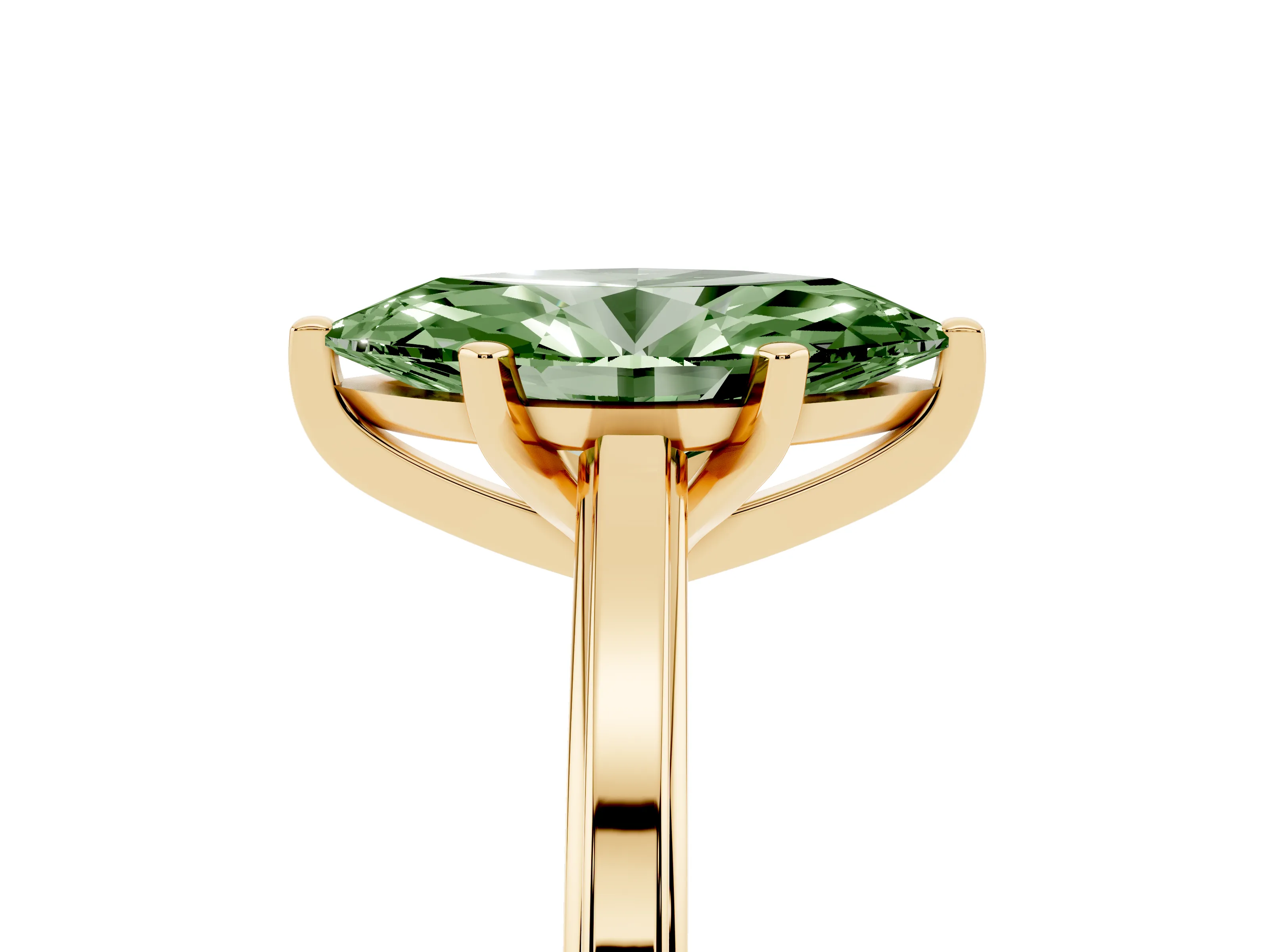 Fancy Green Marquise Cut Diamond Solitaire Ring Set in Yellow gold with Prong Setting and Classic Band