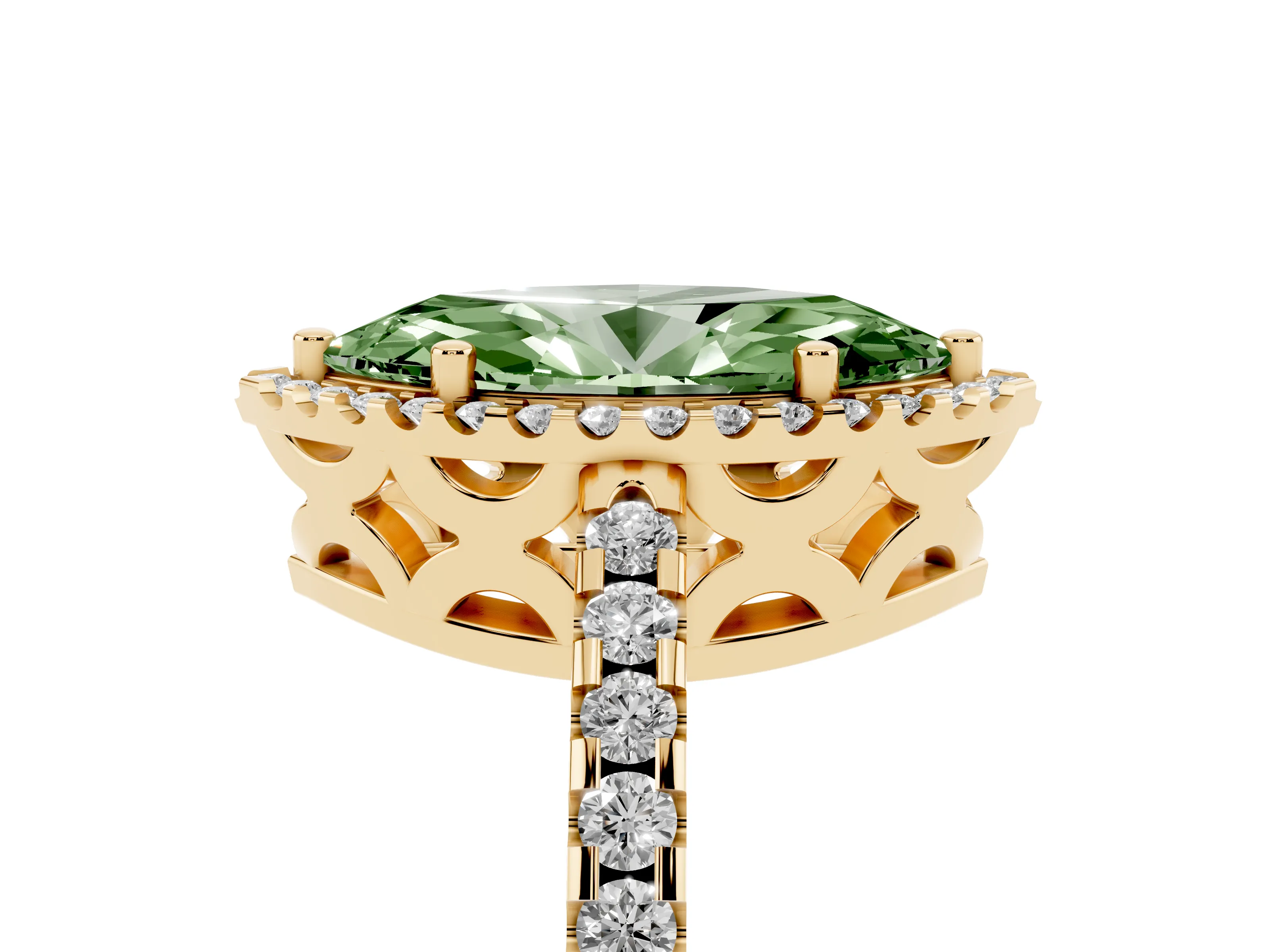 Fancy Green Marquise Cut Diamond Halo Ring Set in Yellow gold with Pavé Shoulders and Halo-Framed Center