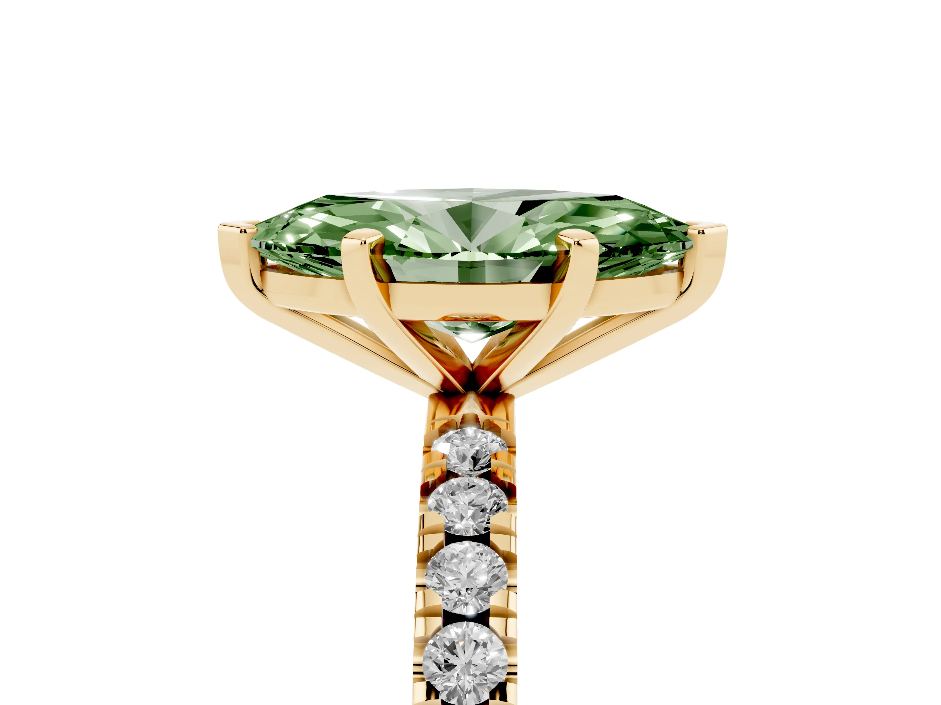 Fancy Green Marquise Cut Diamond Pavé Band Solitaire Set in Yellow gold with Prong Setting