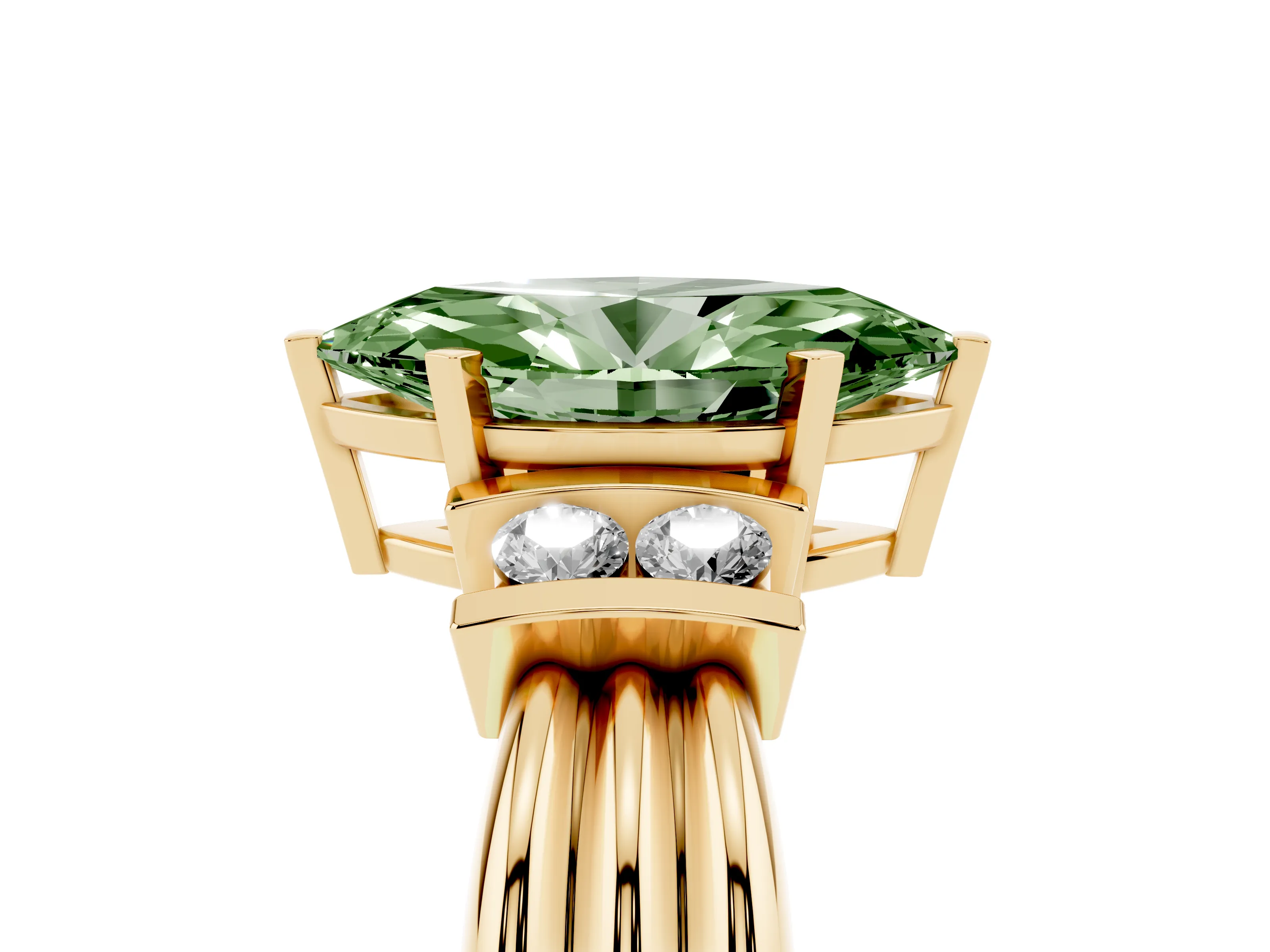 Fancy Green Three-Stone Marquise Cut Diamond Channel Set Ring Set in Yellow gold with Bar Prongs