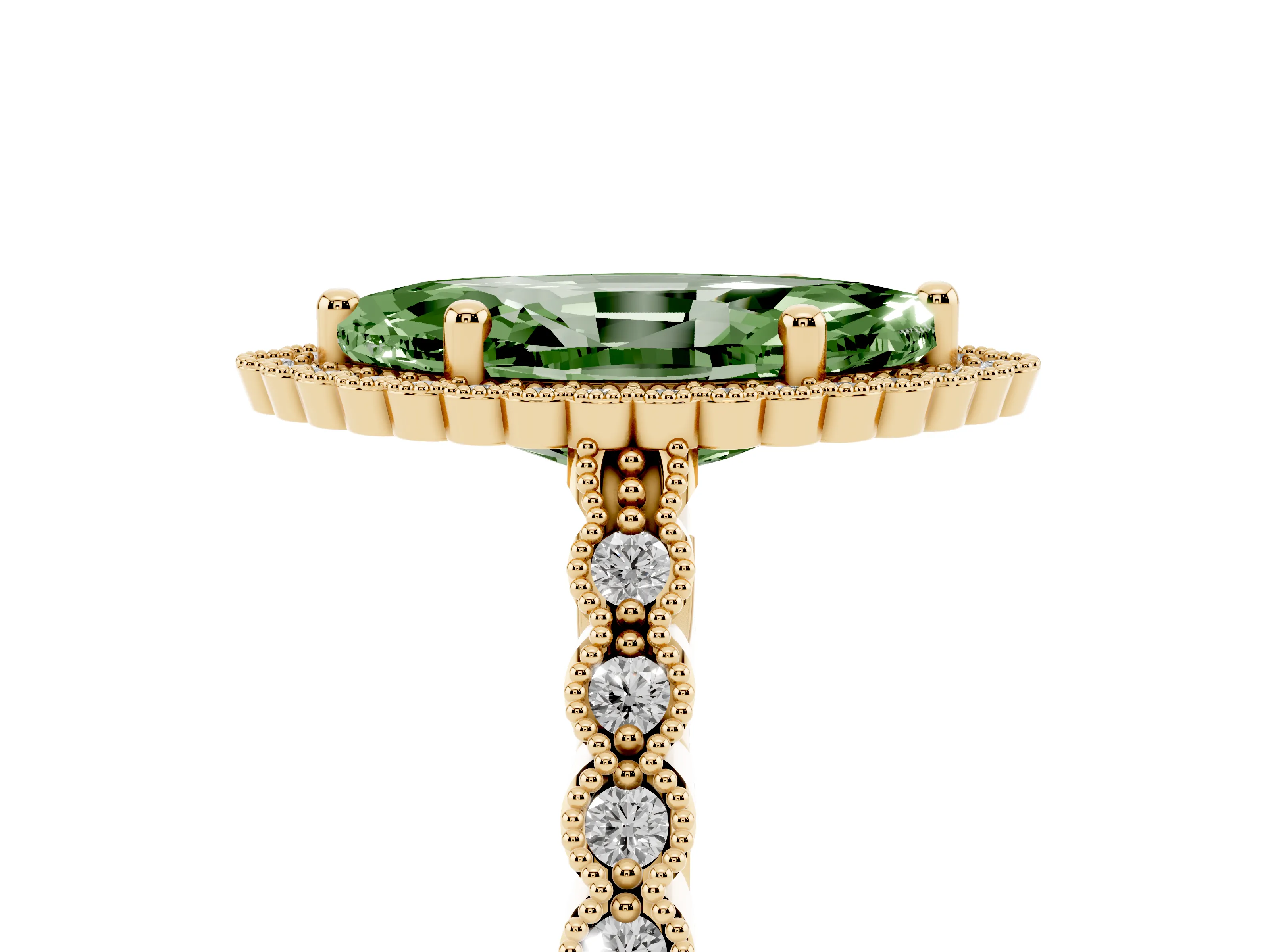 Fancy Green Marquise Cut Diamond Halo Ring Set in Yellow gold with Pavé Milgrain Band