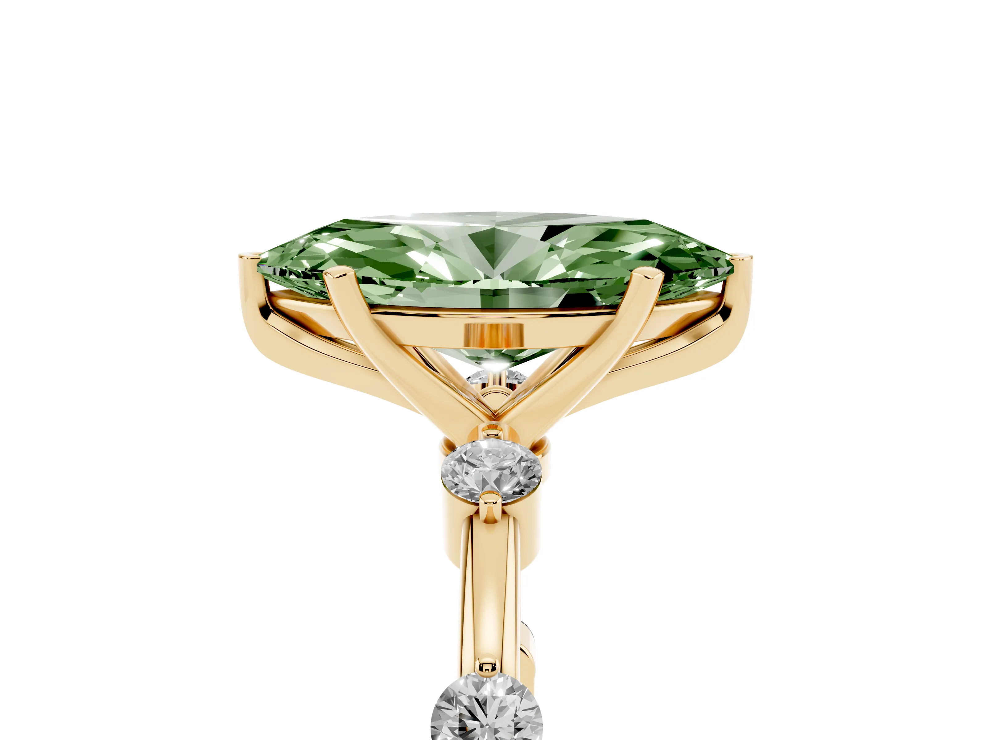 Fancy Green Marquise Cut Diamond Solitaire Ring Set in Yellow gold with Bezel Set Side Stones and Prong Setting