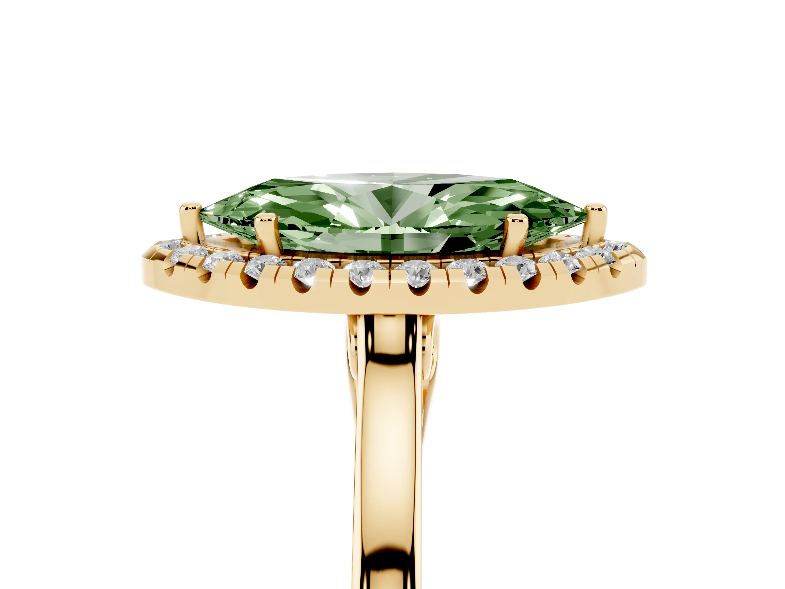 Fancy Green Marquise Cut Halo Round Diamond Solitaire Ring Set in Yellow gold with Pavé Band and Prong Setting
