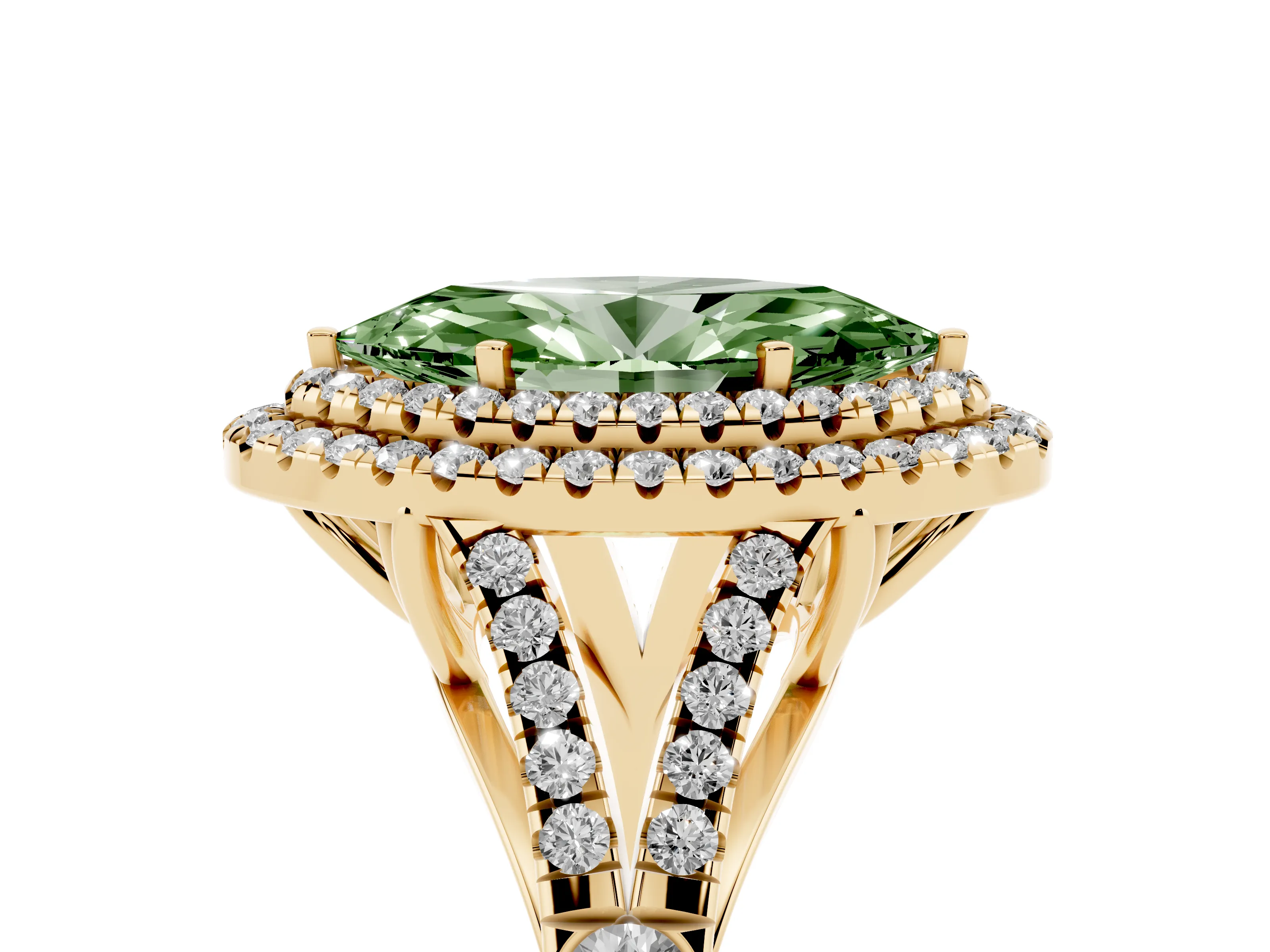 Fancy Green Marquise Cut Diamond Pavé Split Shank Double Halo Engagement Ring Set in Yellow gold