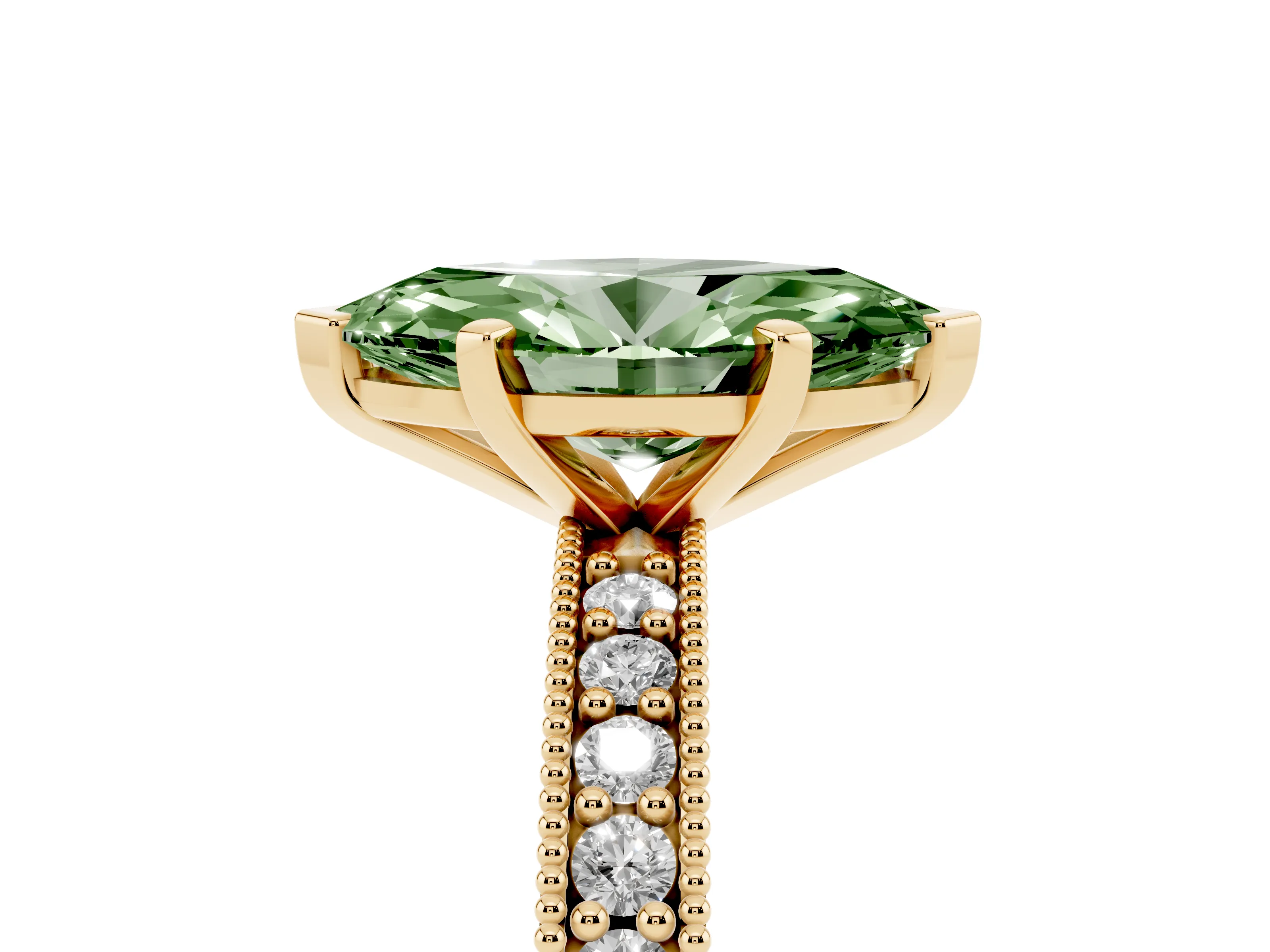 Fancy Green Marquise Cut Diamond Milgrain Pavé Engagement Ring Set in Yellow gold with Prong Setting