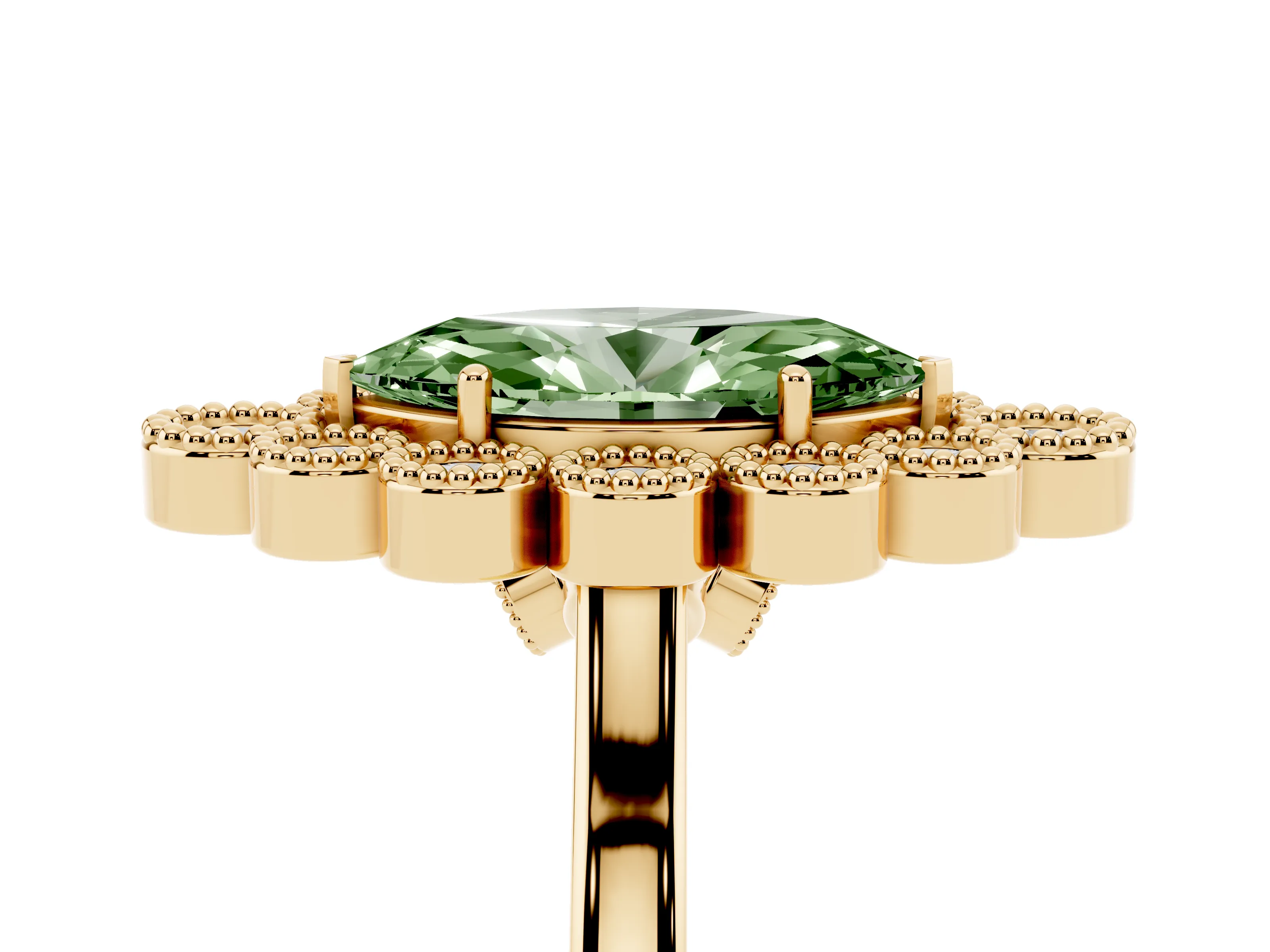 Fancy Green Marquise Cut Diamond Cluster Halo Ring Set in Yellow gold with Milgrain Bezel Accents and Plain Band