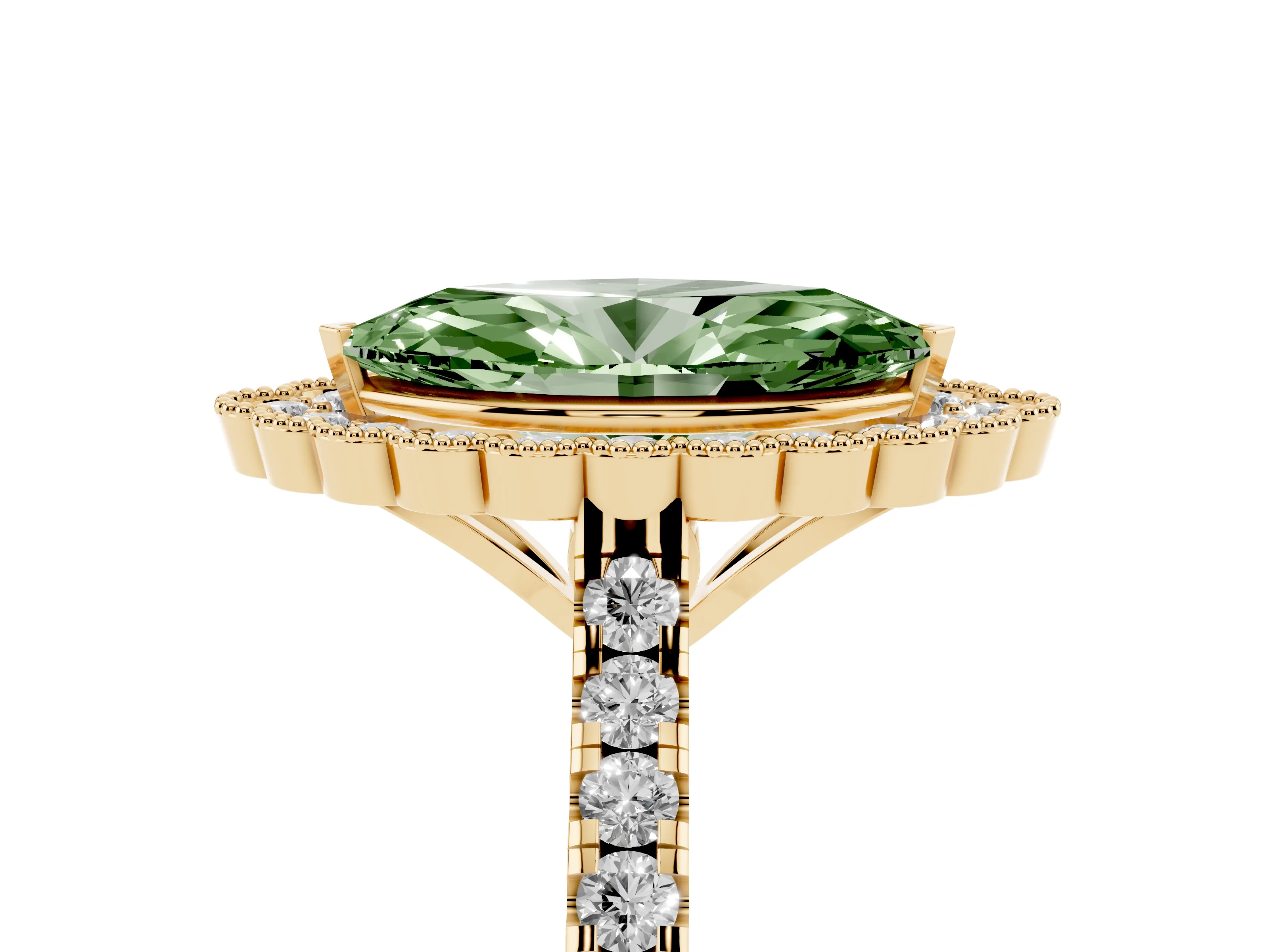 Fancy Green Marquise Cut Diamond Milgrain Floral Halo Engagement Ring Set in Yellow gold with Pavé Band