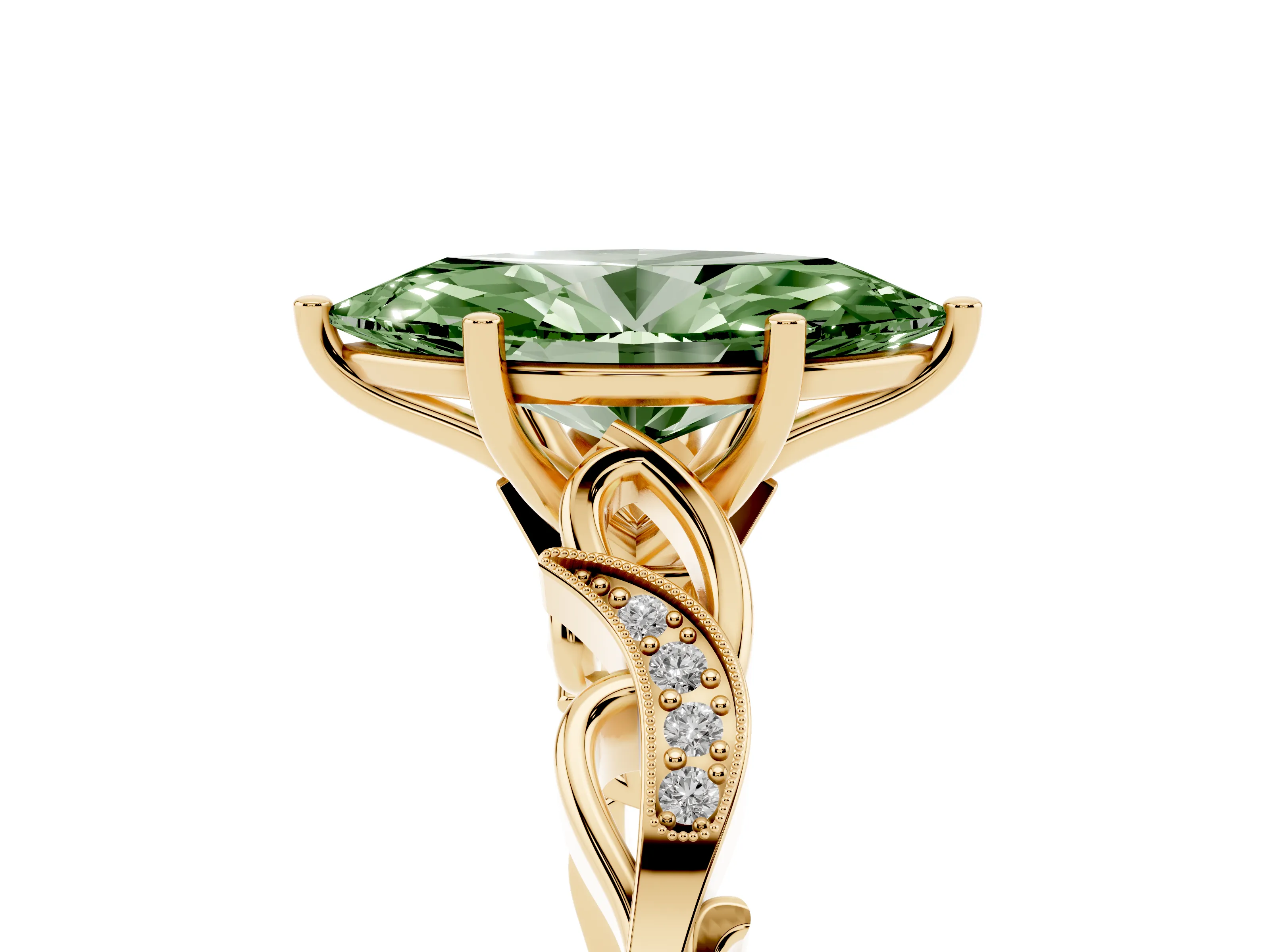 Fancy Green Marquise Cut Diamond Vine Band Solitaire Ring Set in Yellow gold with Milgrain Prong Setting